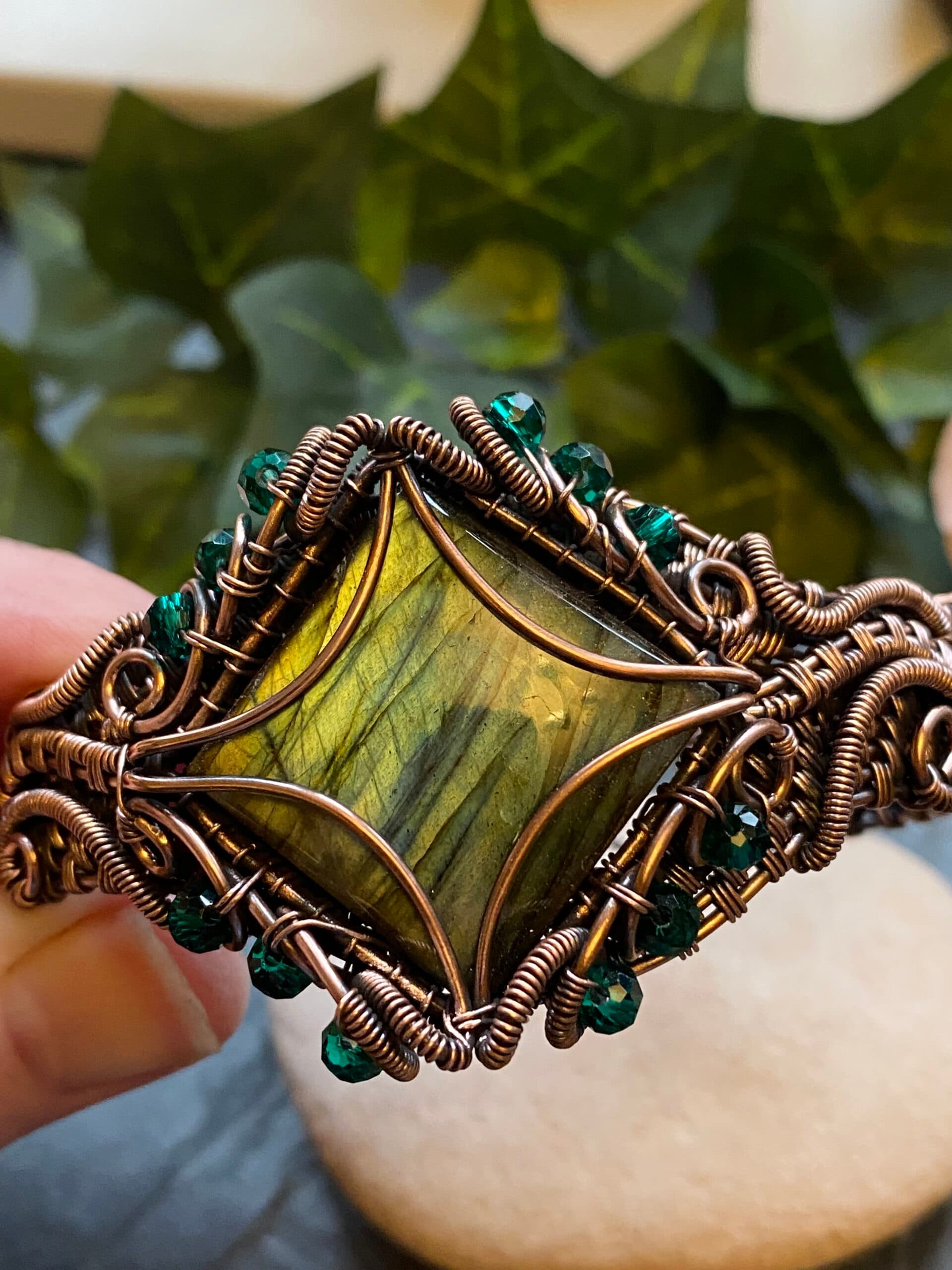 Square Green & Blue Flash Labradorite Copper Cuff Bracelet, view 7