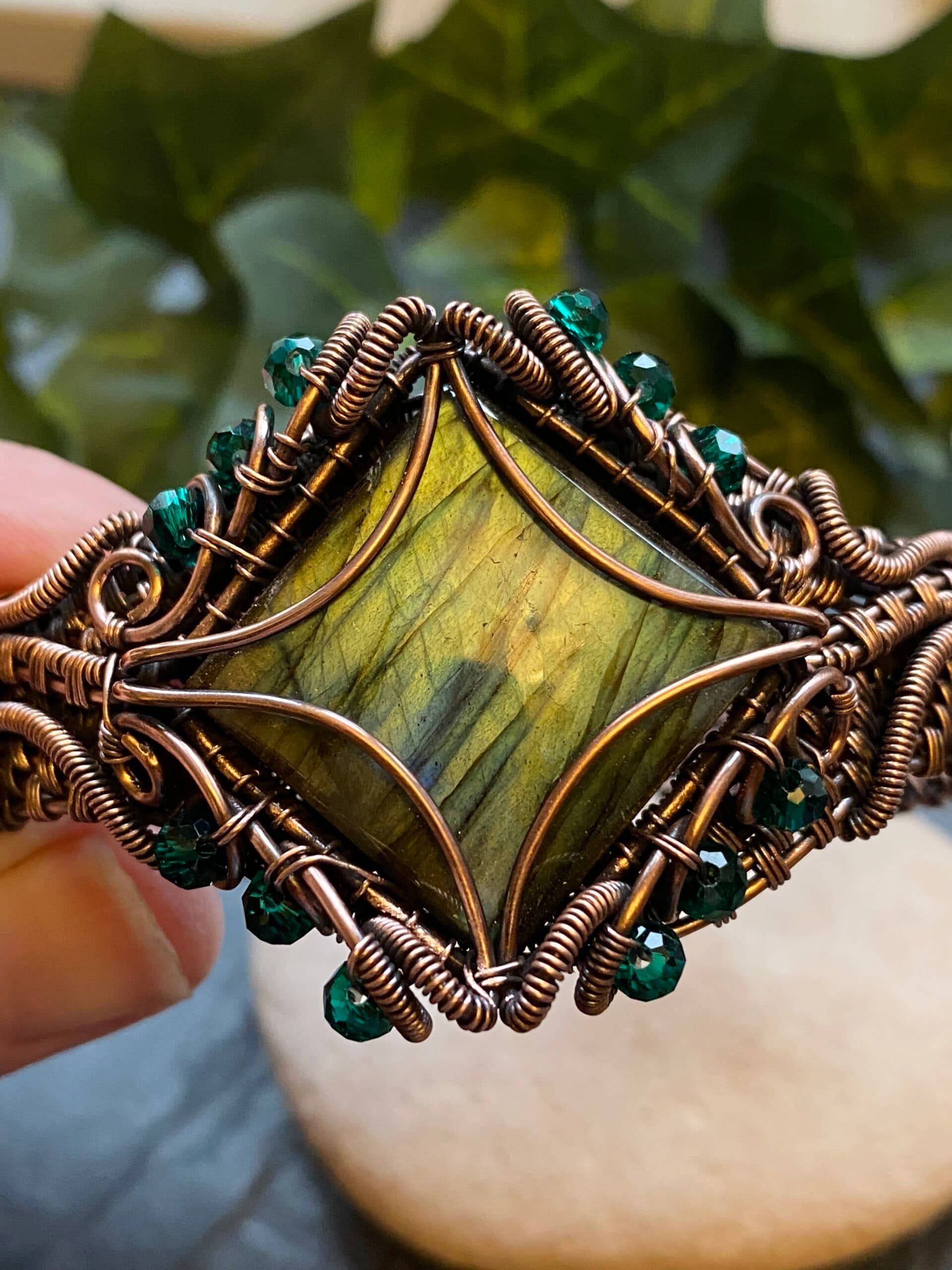 Square Green & Blue Flash Labradorite Copper Cuff Bracelet, view 8