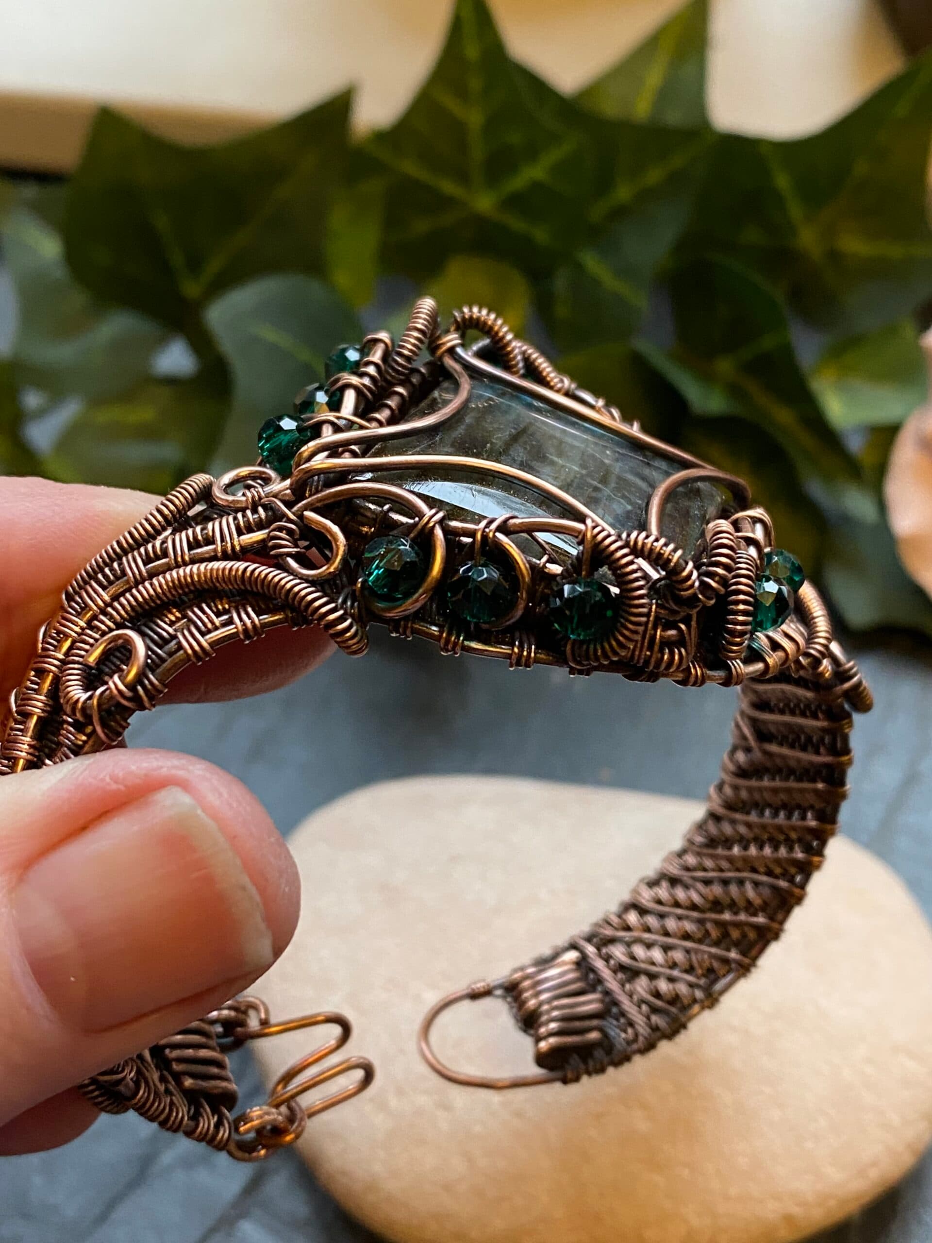 Square Green & Blue Flash Labradorite Copper Cuff Bracelet, view 9