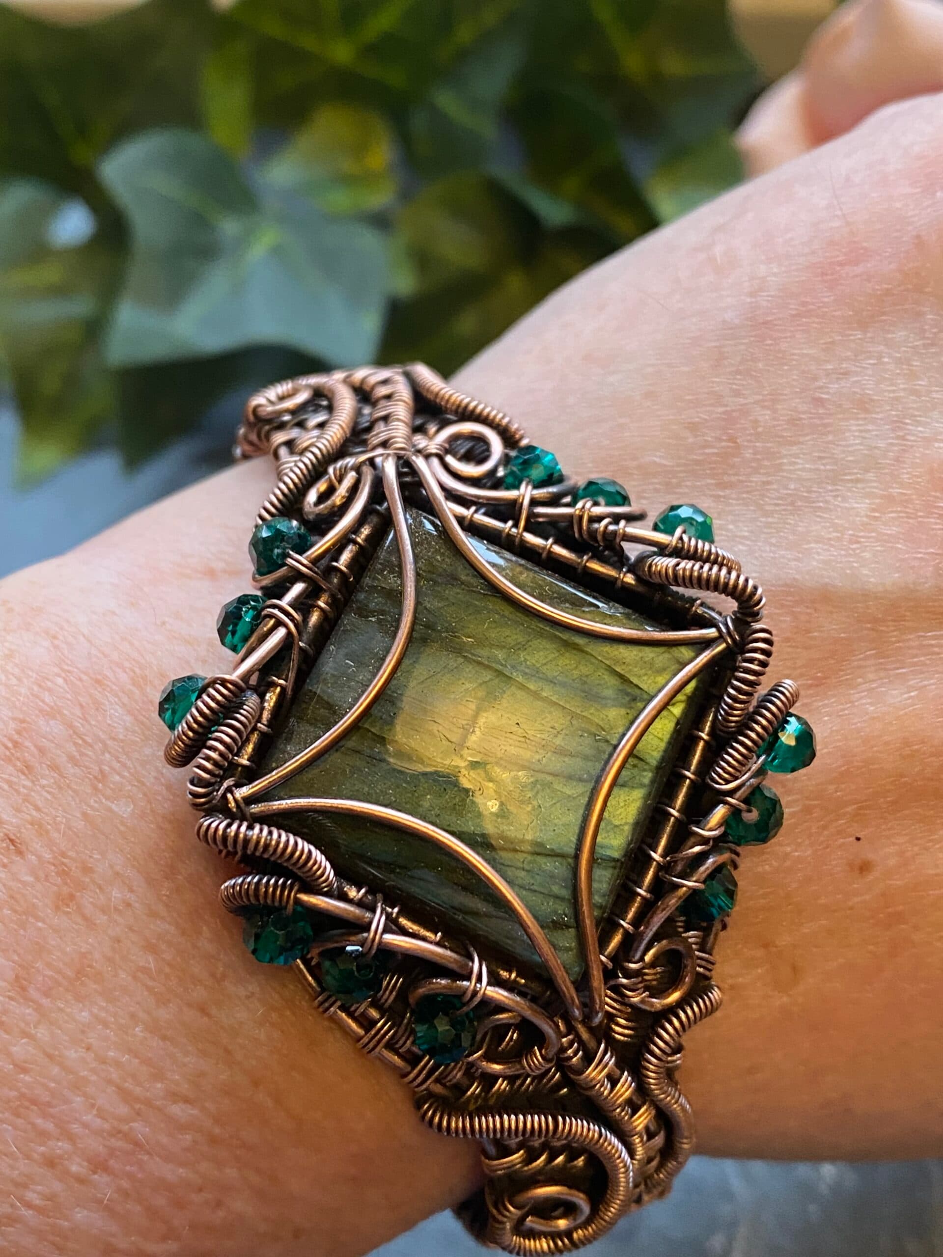 Square Green & Blue Flash Labradorite Copper Cuff Bracelet, view 11