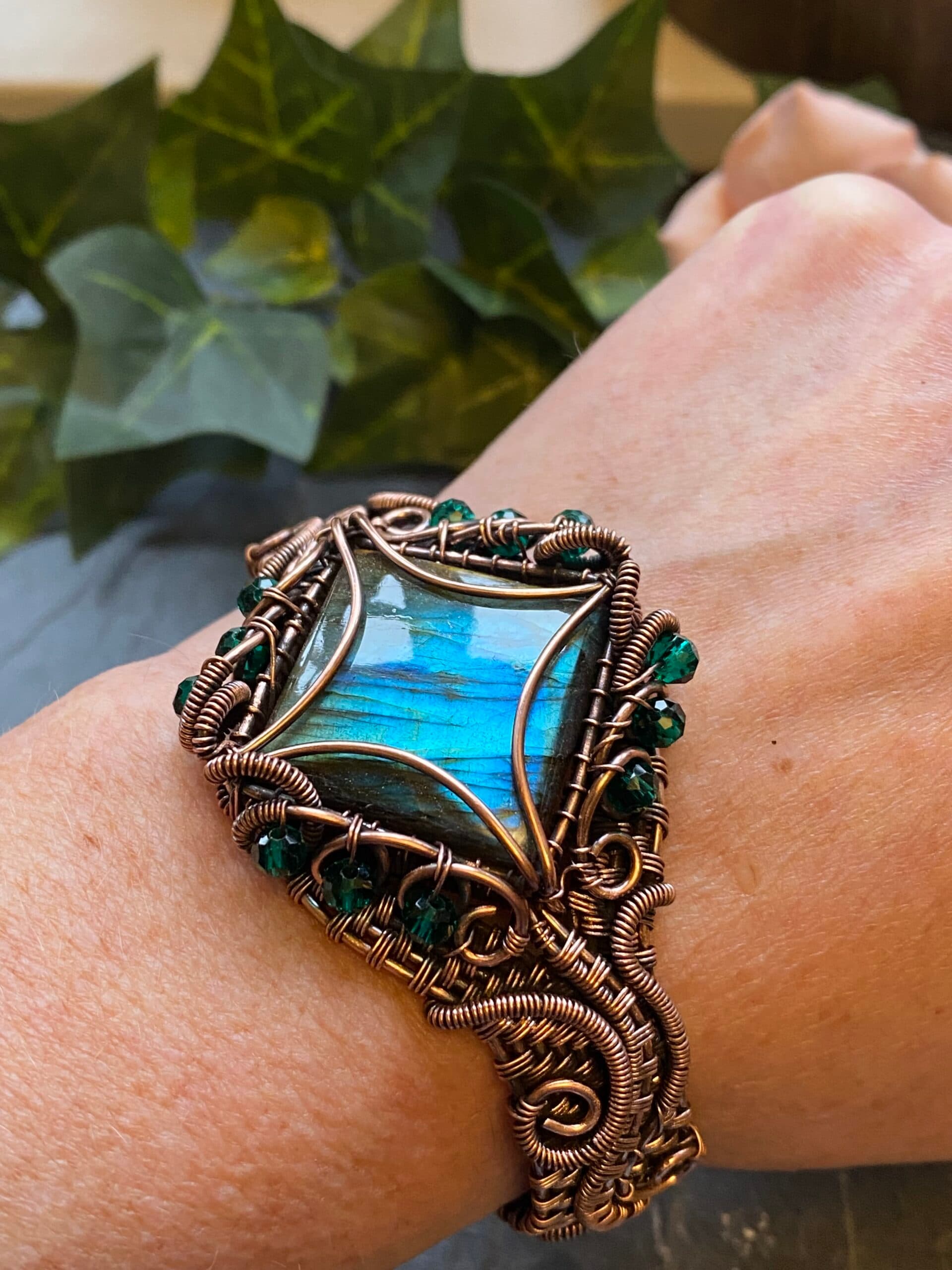 Square Labradorite copper cuff bracelet with green and blue flash