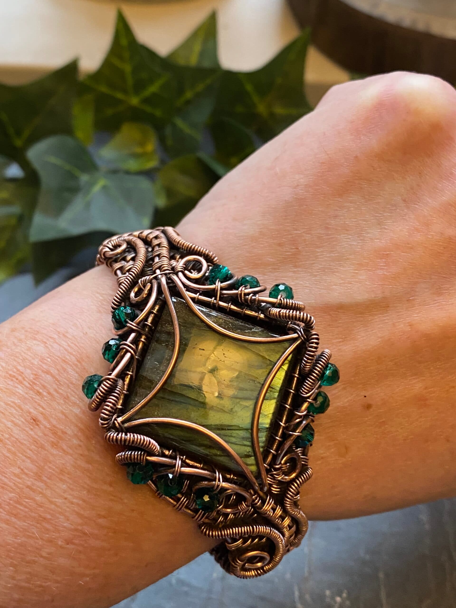 Square Green & Blue Flash Labradorite Copper Cuff Bracelet, view 13