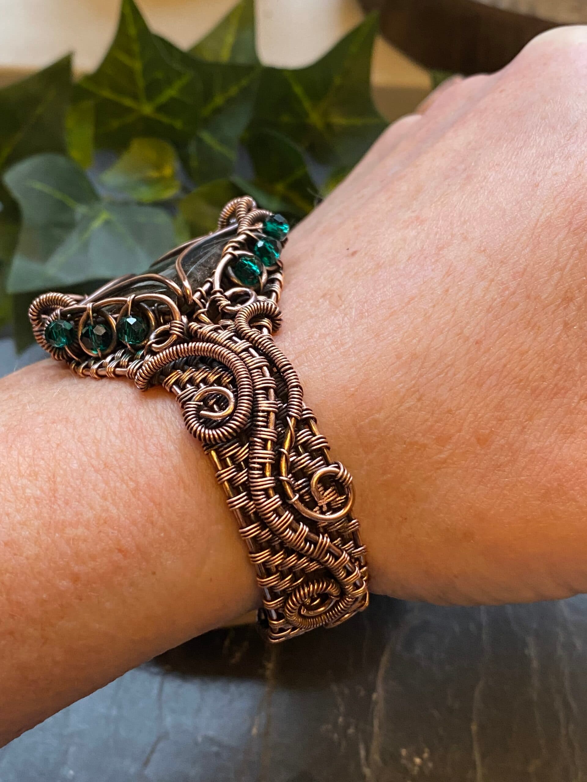 Square Green & Blue Flash Labradorite Copper Cuff Bracelet, view 14