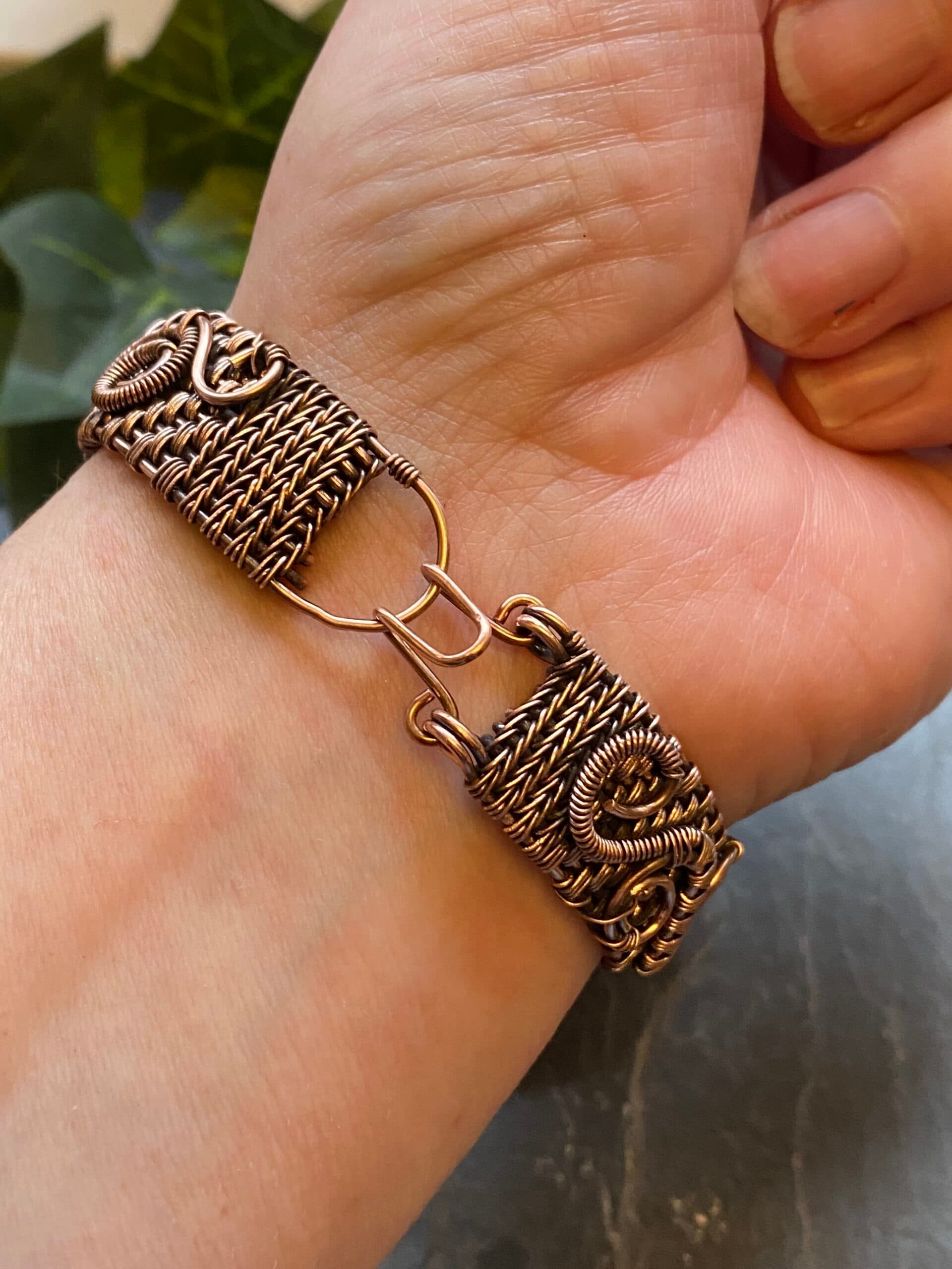 Square Labradorite copper cuff bracelet with green and blue flash