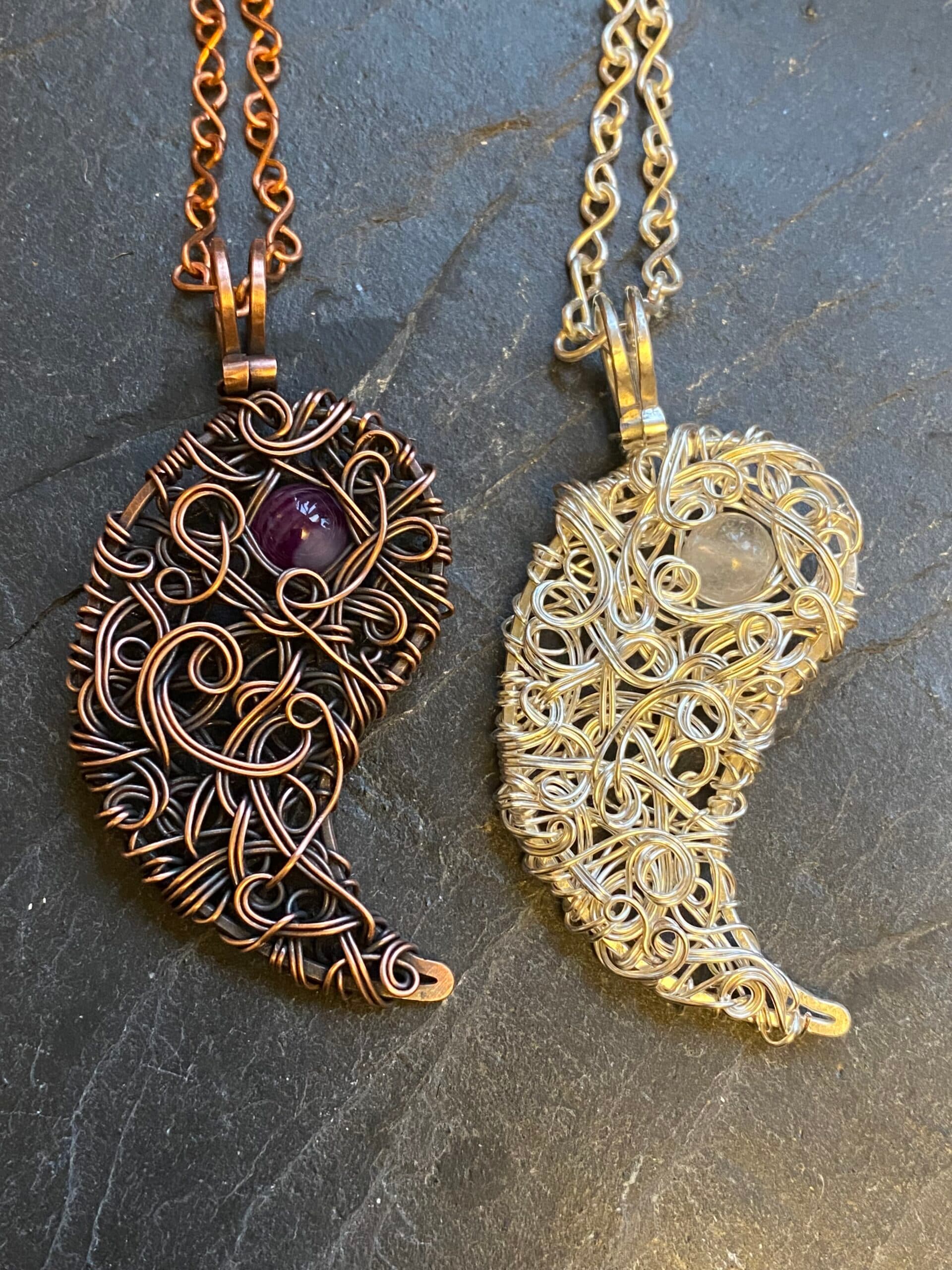 Handmade yin yang necklace set with copper amethyst pendant and silver moonstone pendant forming matching symbol jewelry