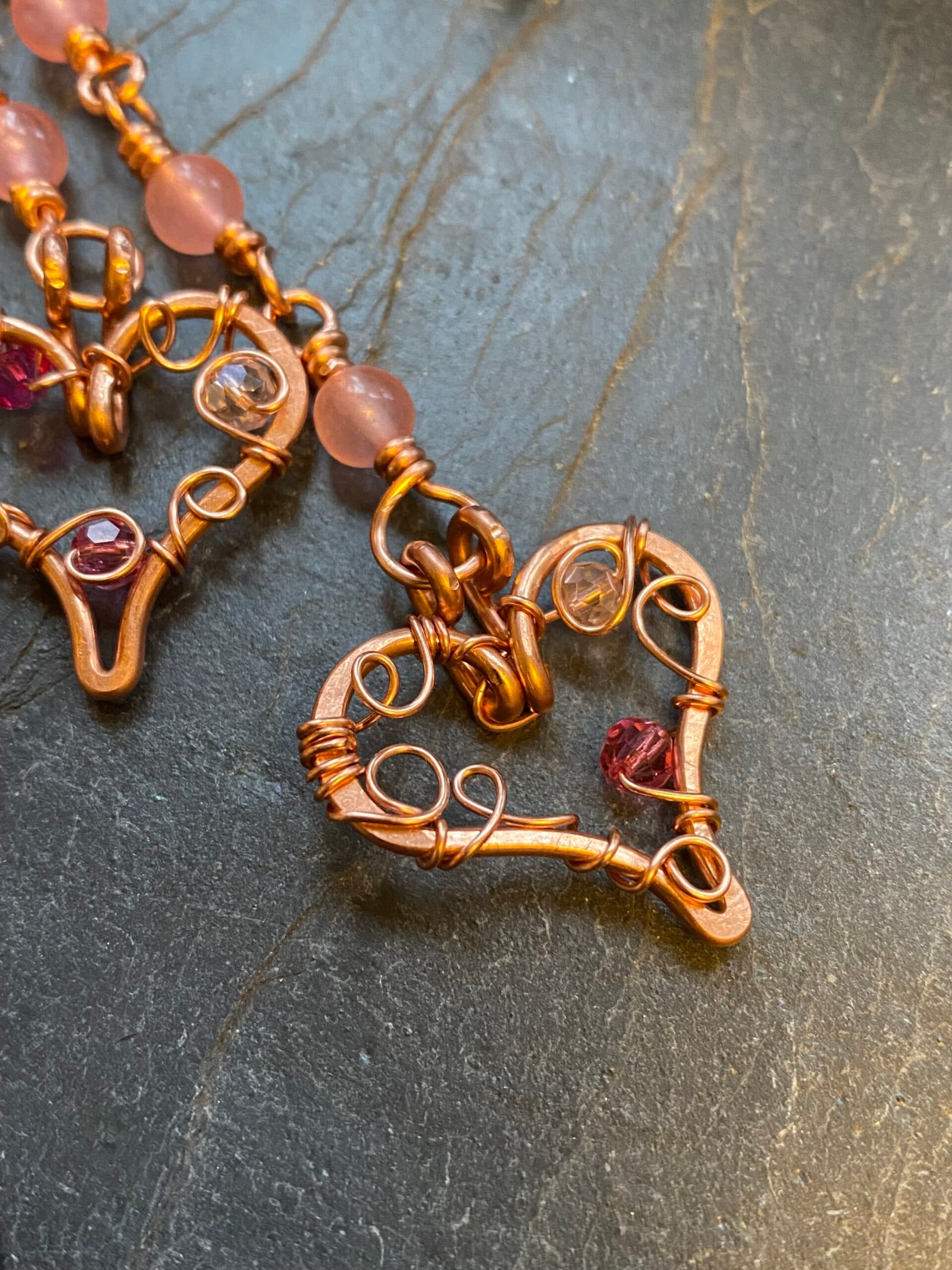 Handmade Copper Bookmark – Hearts & Pink Beads Shepherd’s Crook for Hardback Books, view 5