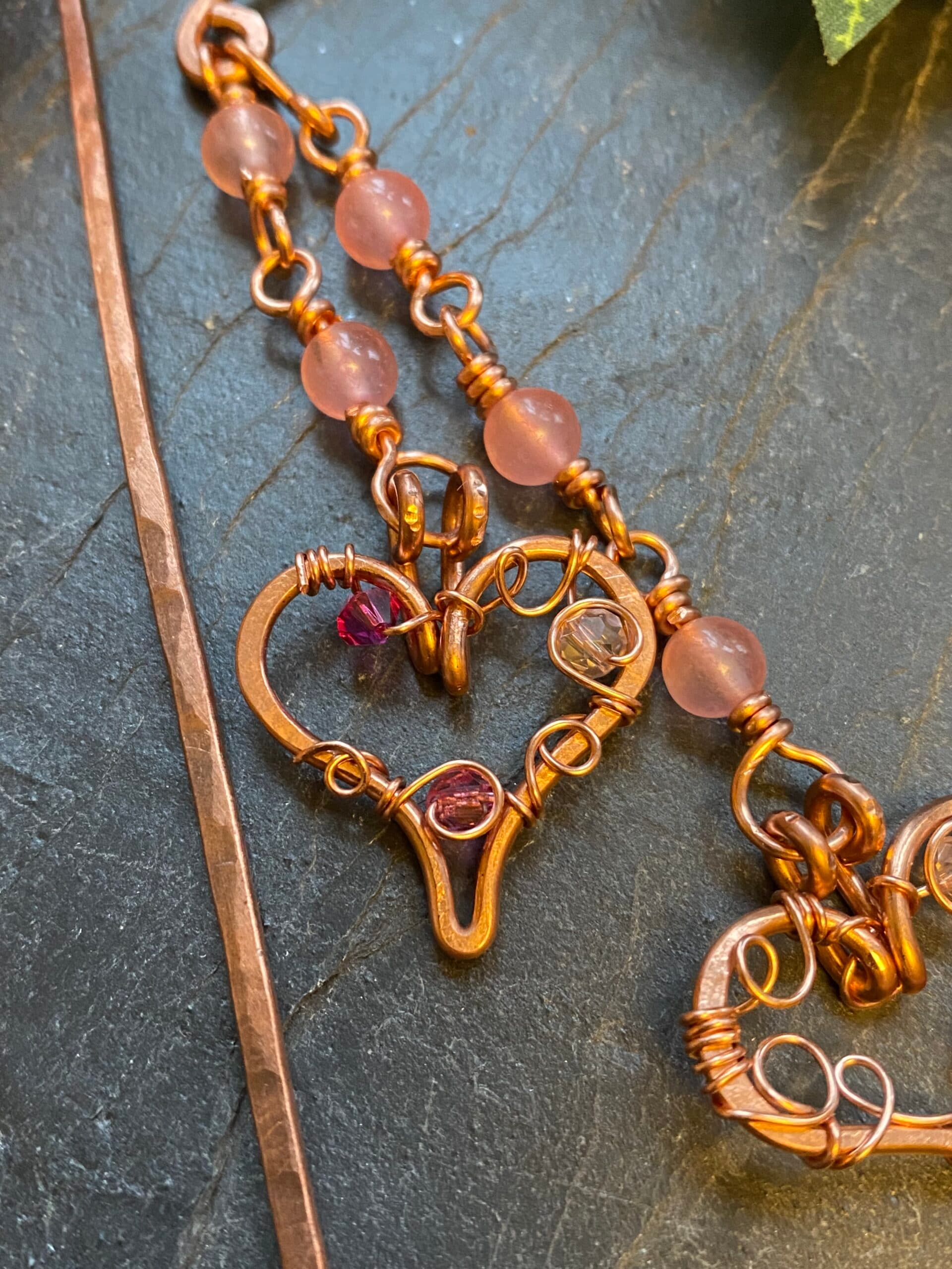 Handmade Copper Bookmark – Hearts & Pink Beads Shepherd’s Crook for Hardback Books, view 6