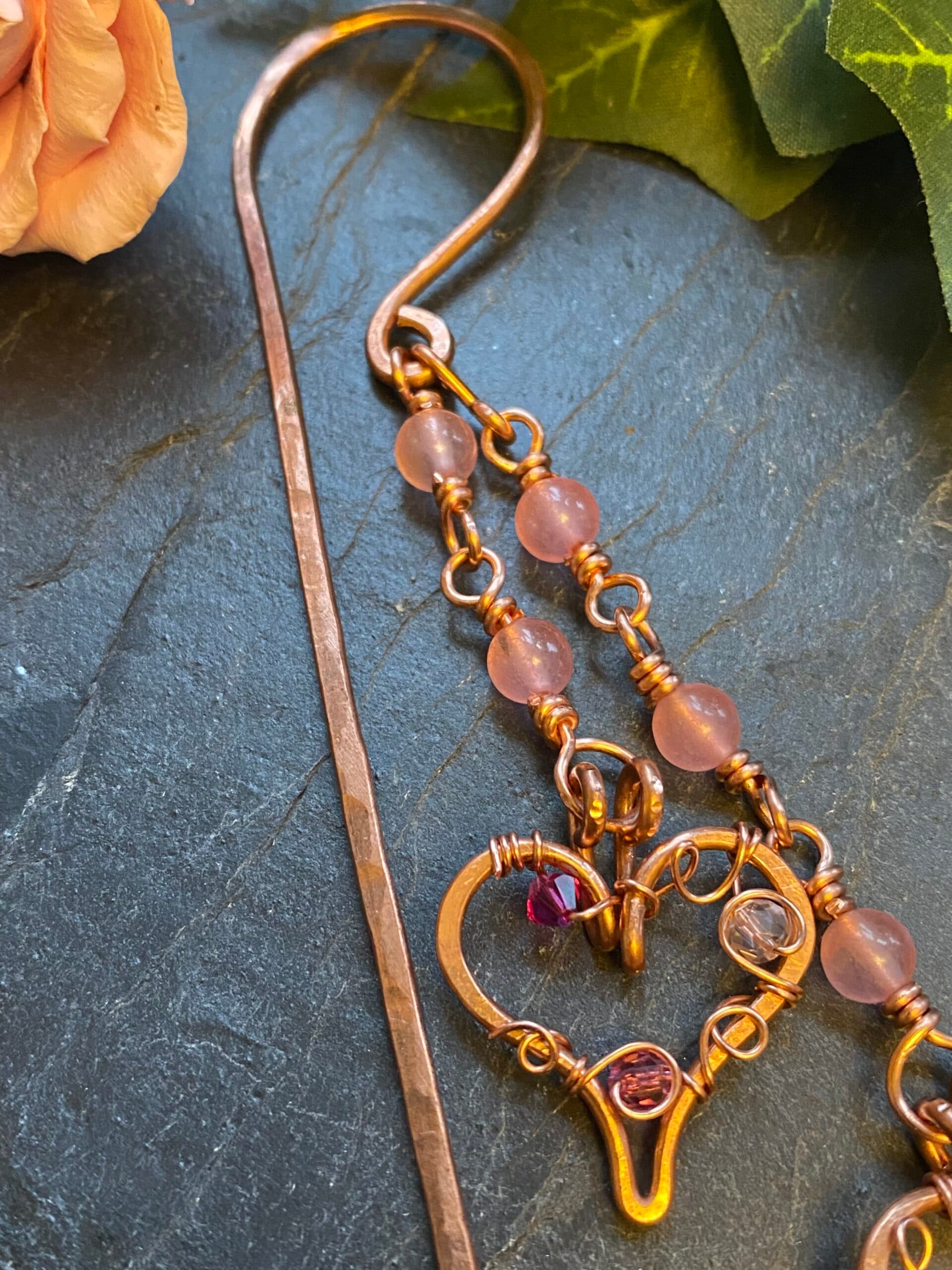 Handmade Copper Bookmark – Hearts & Pink Beads Shepherd’s Crook for Hardback Books, view 7