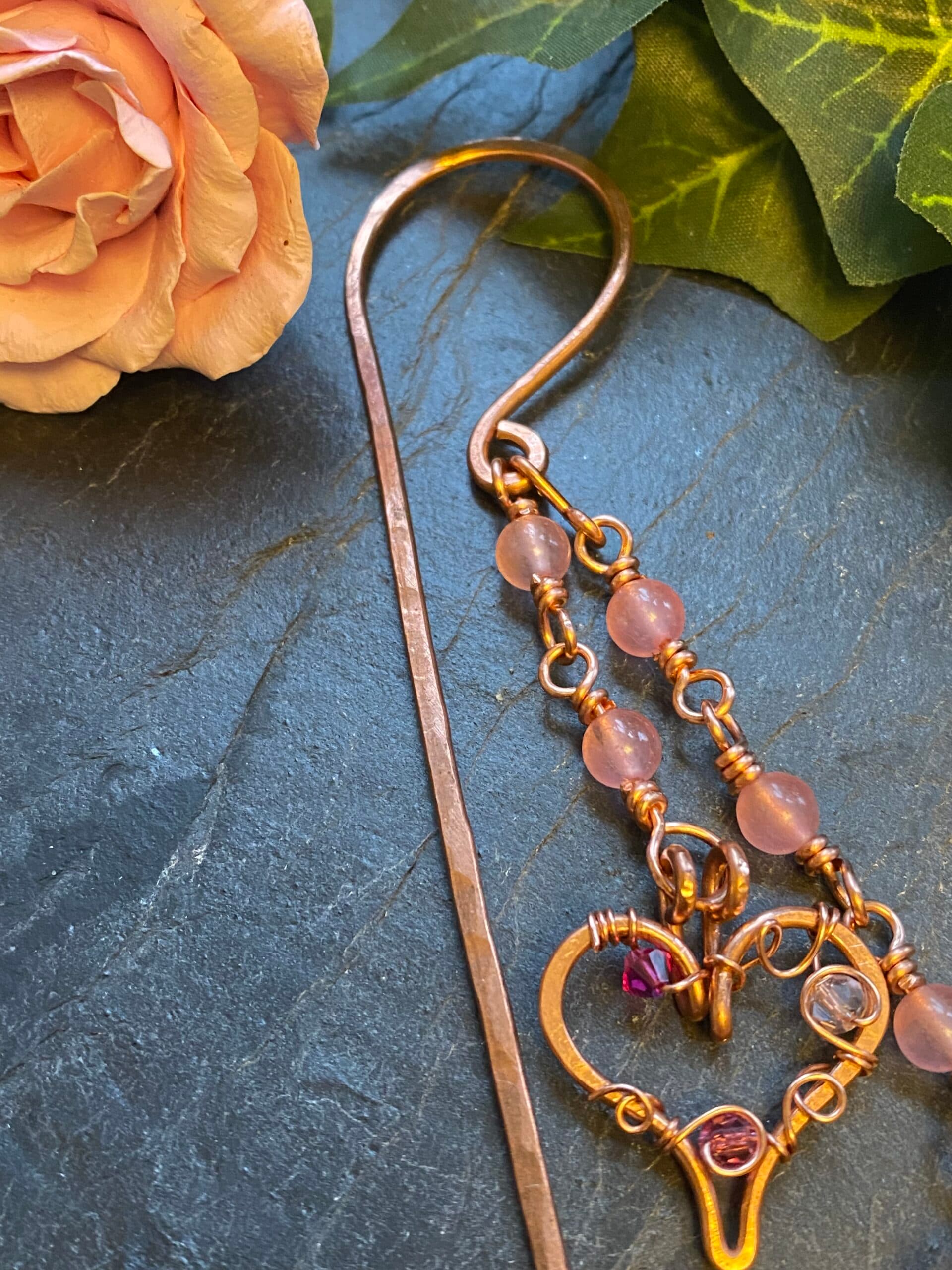 Handmade Copper Bookmark – Hearts & Pink Beads Shepherd’s Crook for Hardback Books, view 4