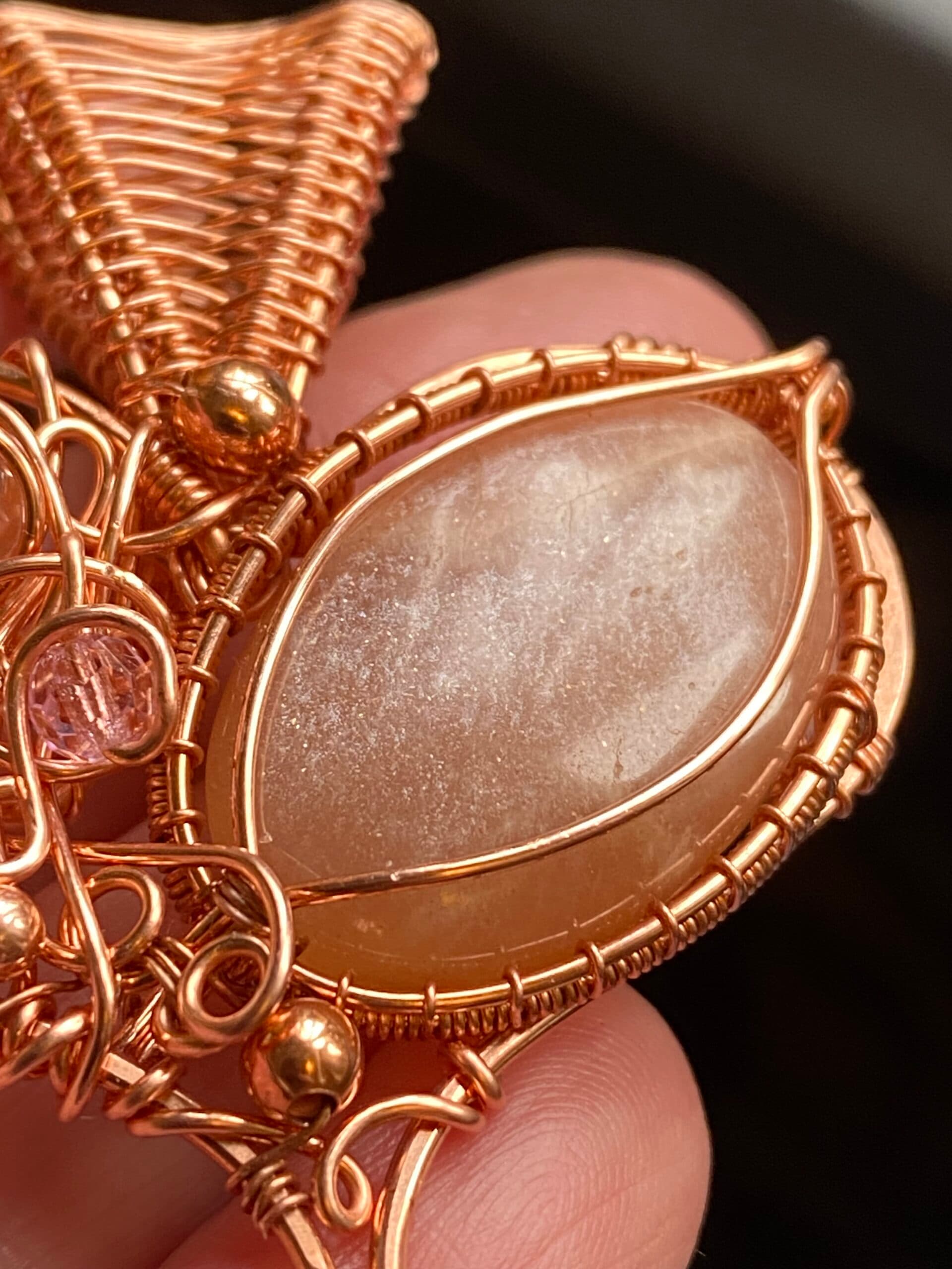 Copper wire wrapped heart pendant with peach moonstone and pink beads on handmade copper chain
