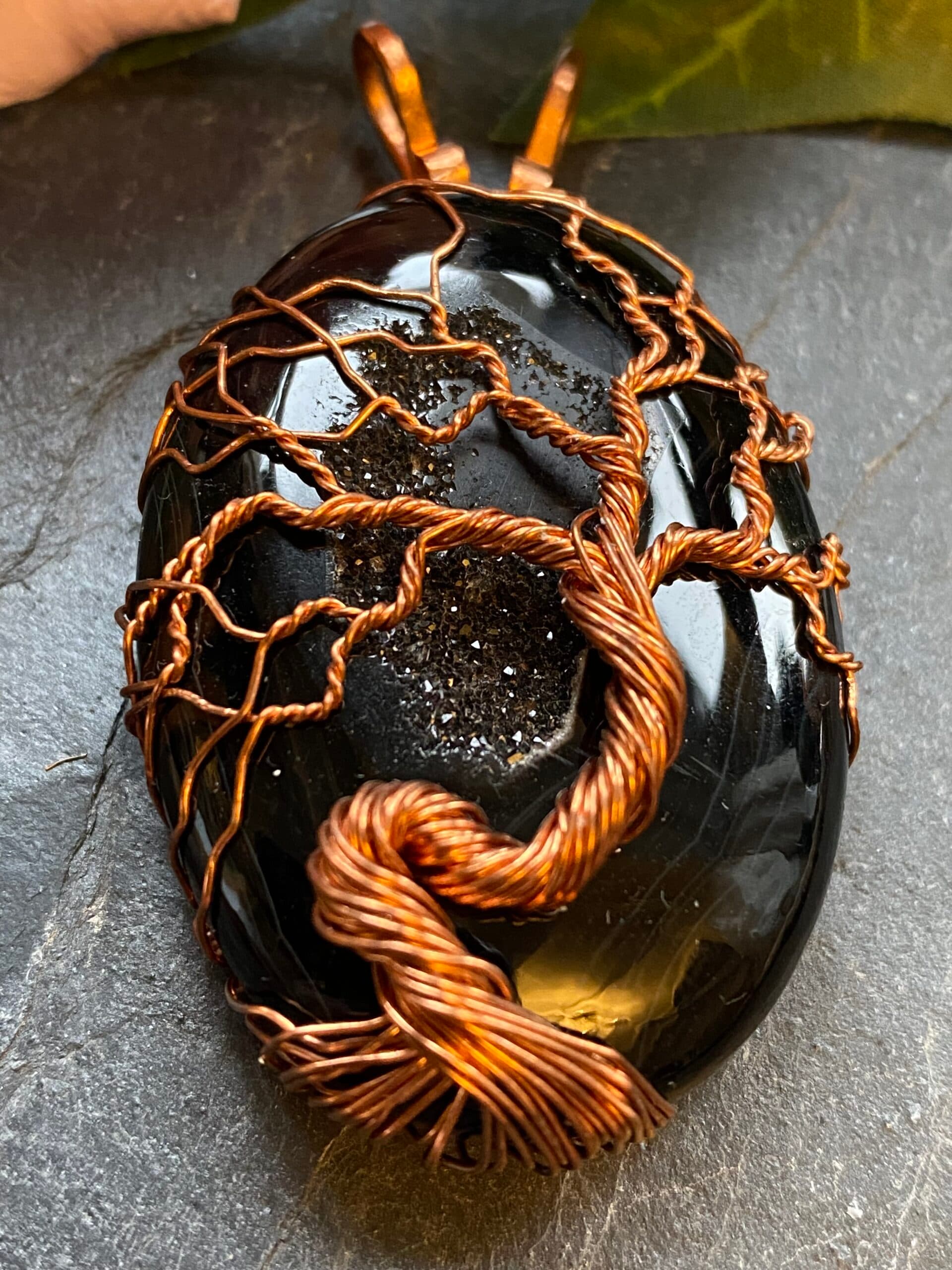 Black Onyx Druzy Tree of Life Pendant – Handmade Copper Wire Wrapped Necklace, view 5