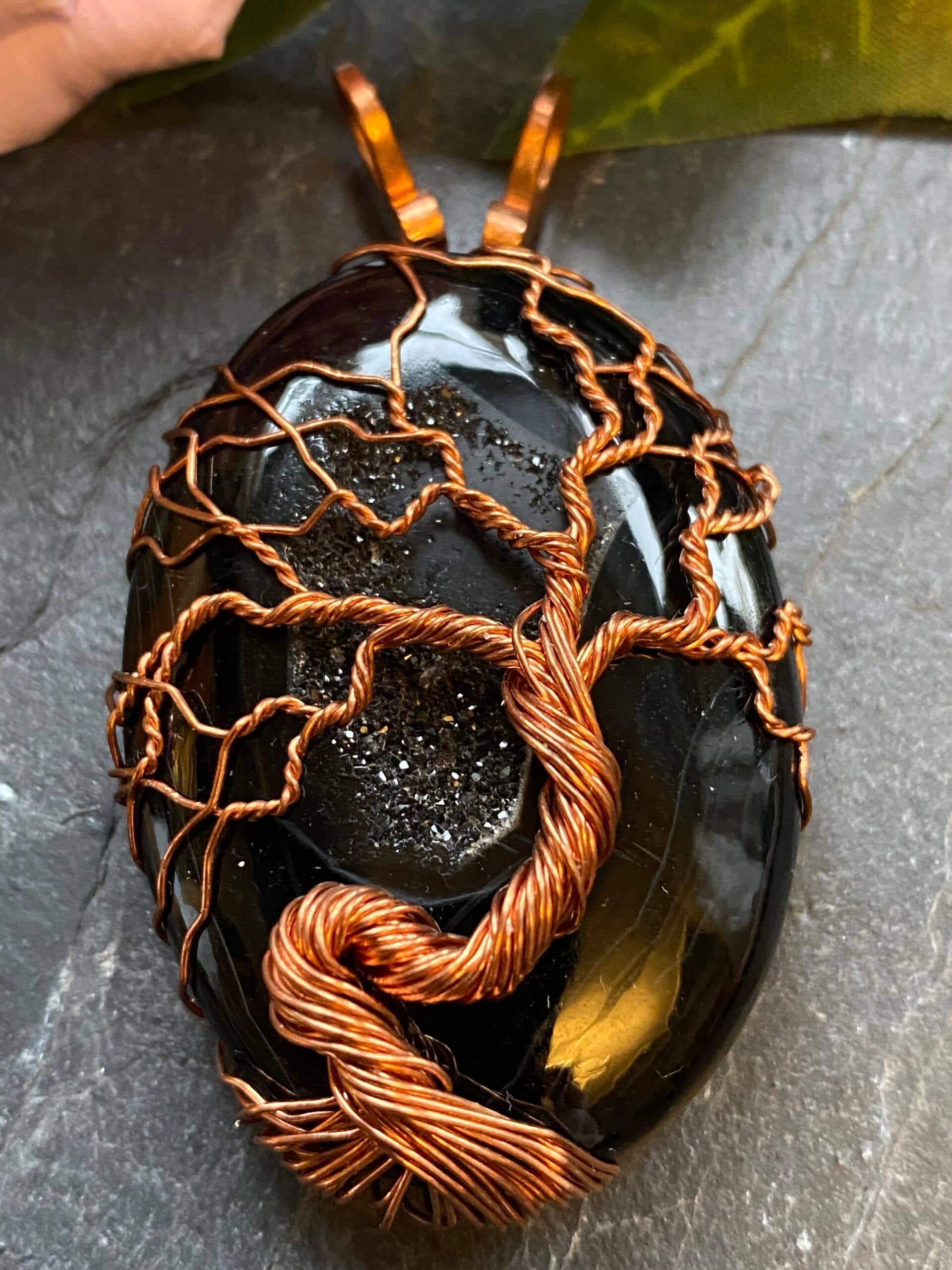 Black Onyx Druzy Tree of Life Pendant – Handmade Copper Wire Wrapped Necklace, view 4