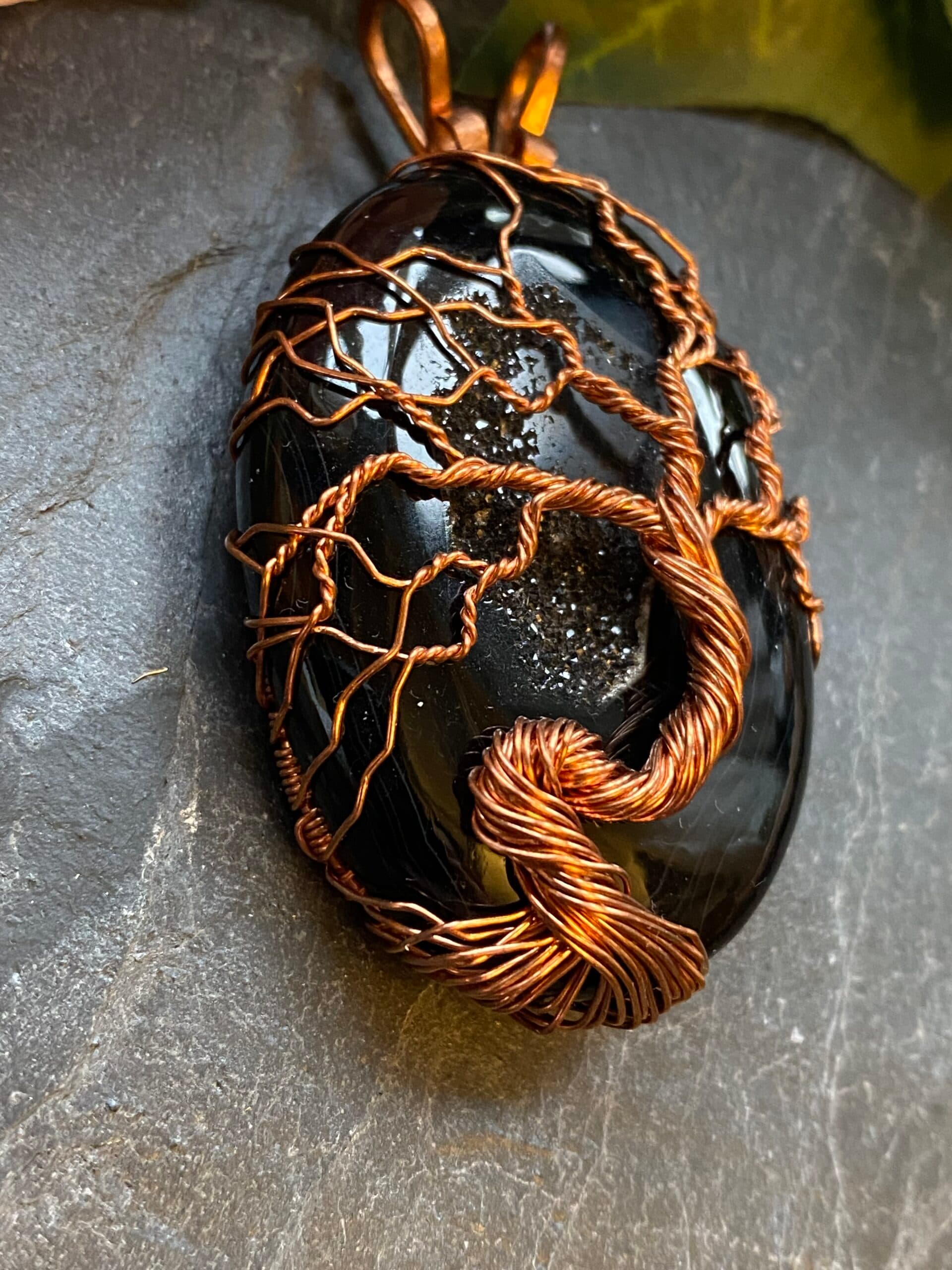 Handmade black onyx druzy tree of life pendant wrapped in copper wire with matching chain