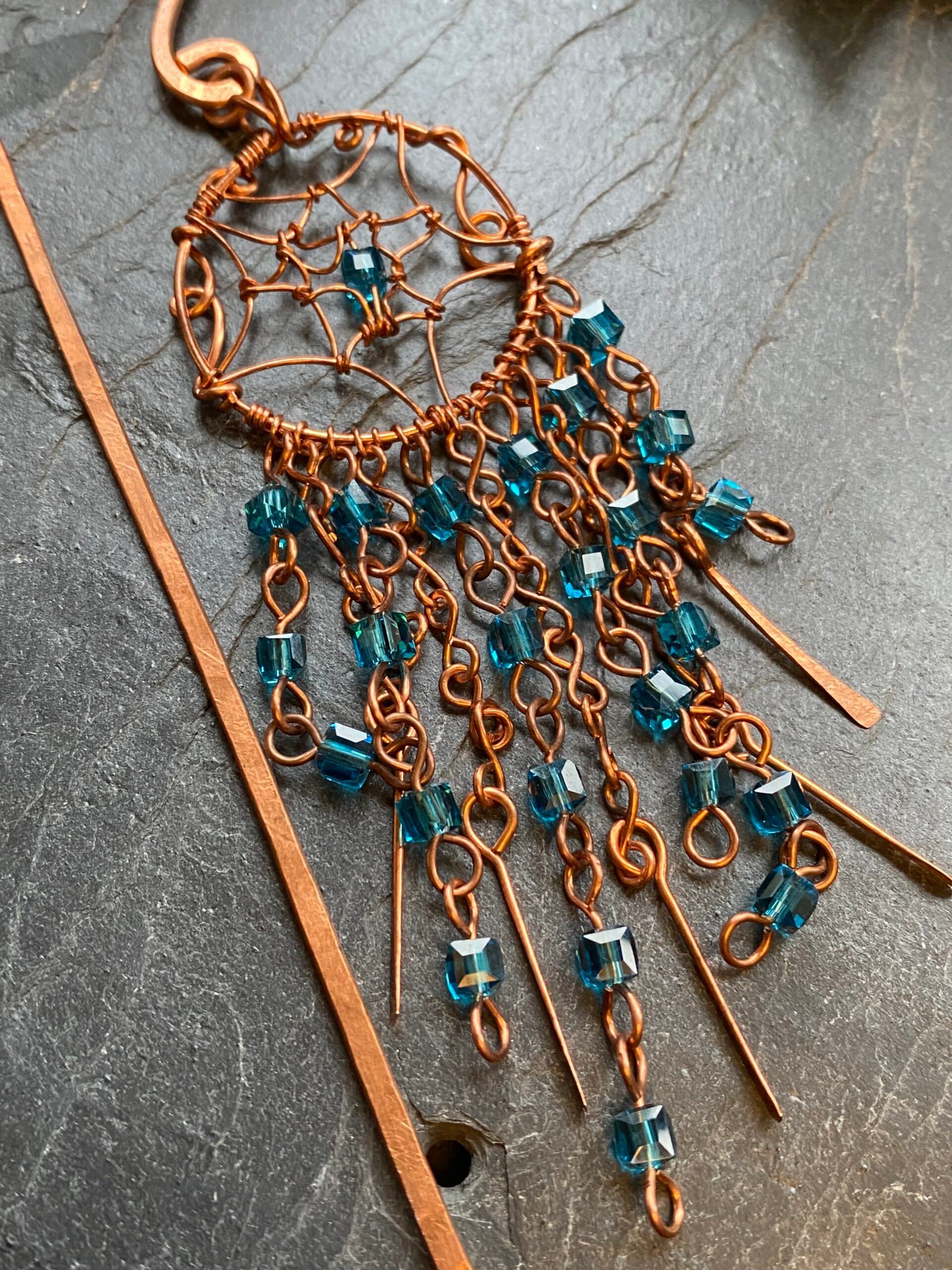 Handmade Copper Dreamcatcher Bookmark – Light Blue Beads & Beaded Tassels for Hardback Books, view 3
