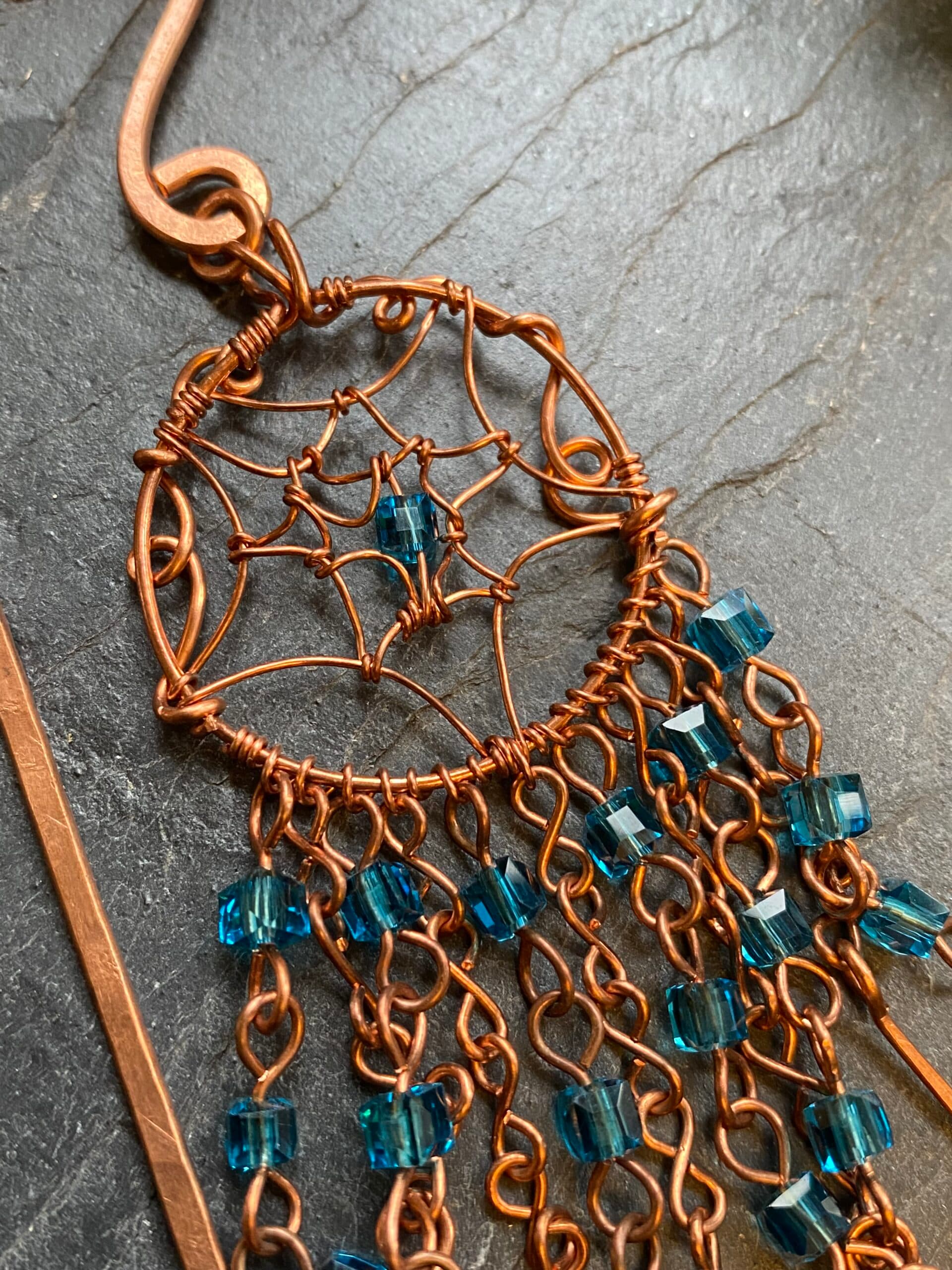 Handmade Copper Dreamcatcher Bookmark – Light Blue Beads & Beaded Tassels for Hardback Books, view 4