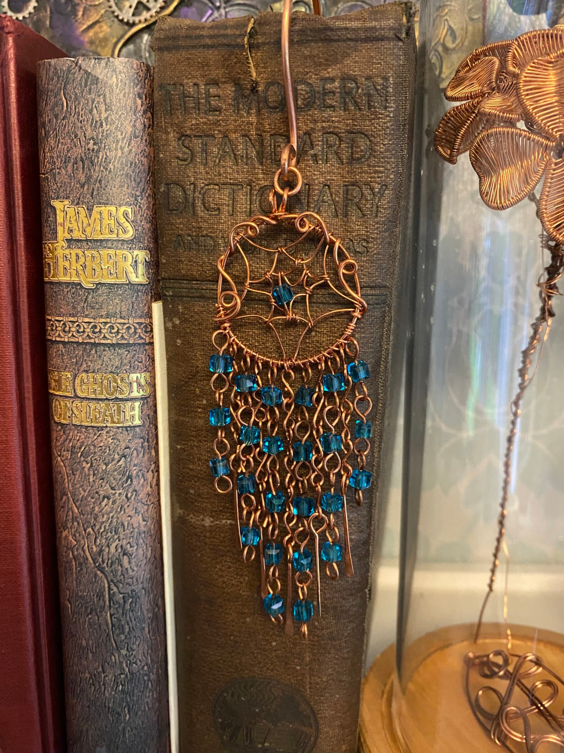 Handmade Copper Dreamcatcher Bookmark – Light Blue Beads & Beaded Tassels for Hardback Books, view 5