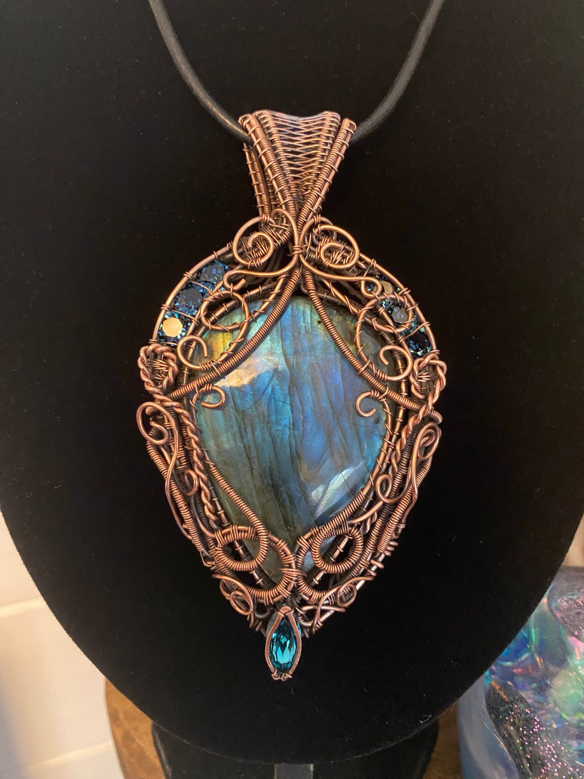 Large blue flash labradorite statement necklace in bare copper wire with vintage Swarovski crystal detail
