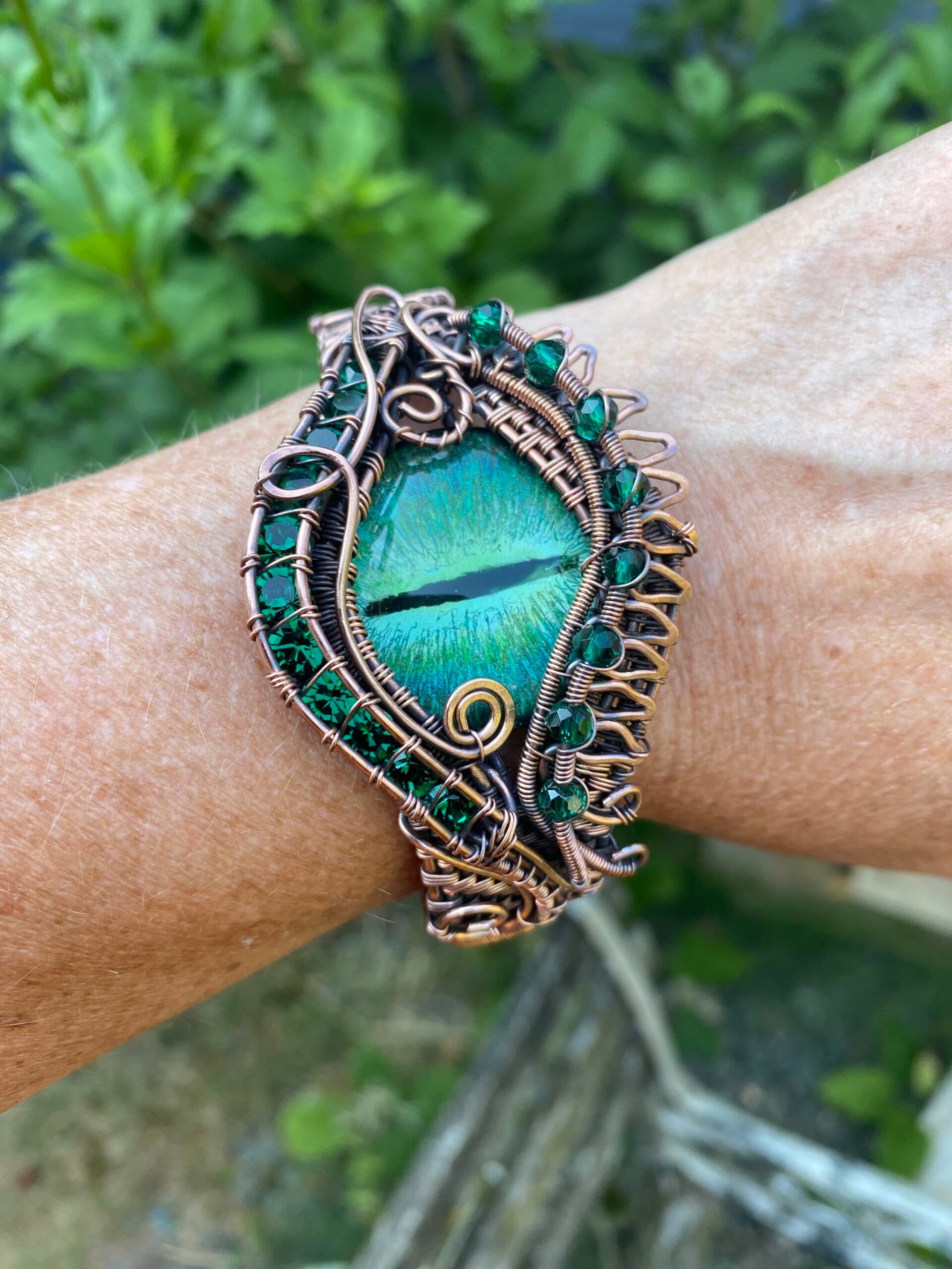 Forest dragon copper cuff bracelet, view 2