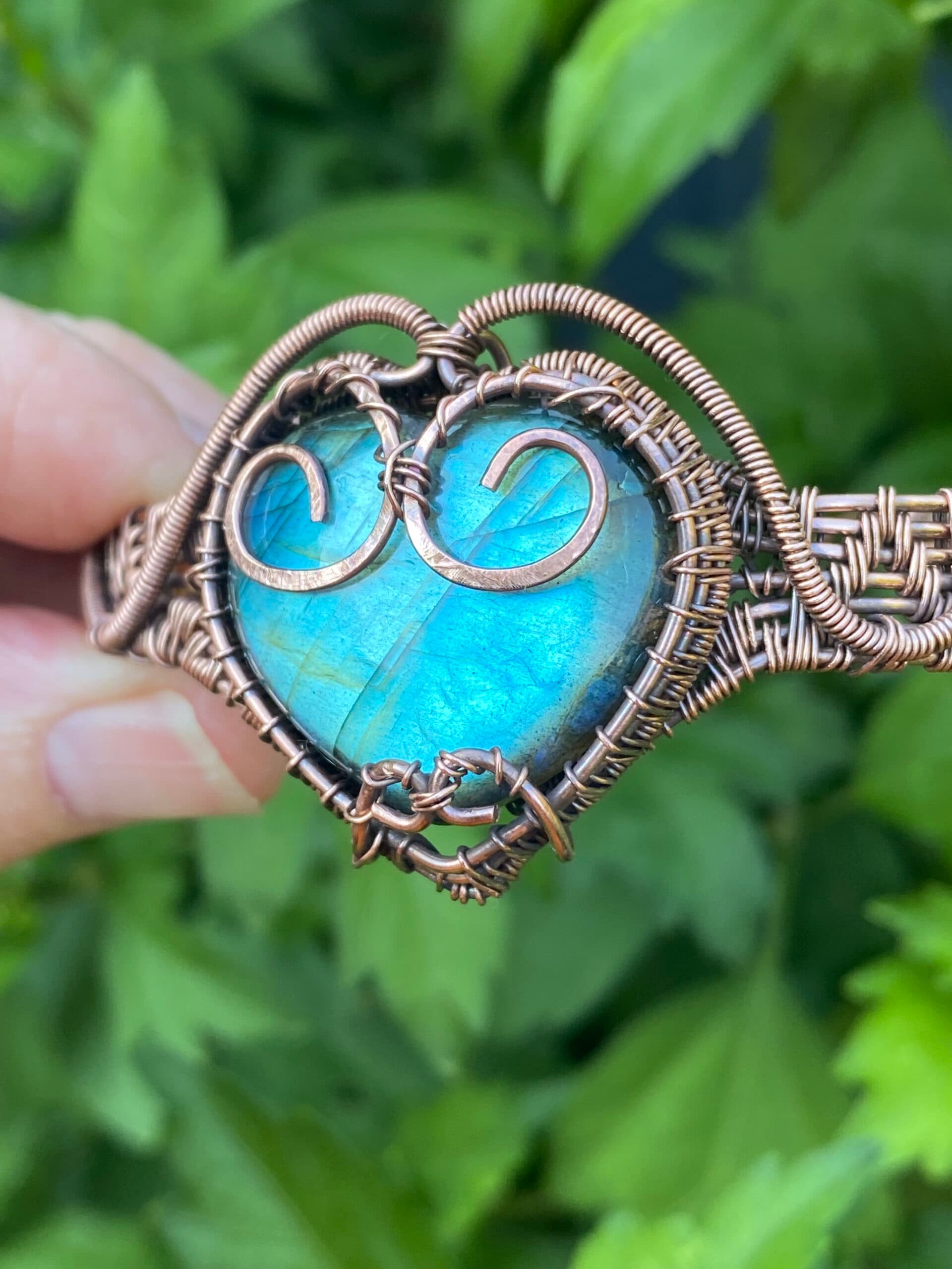 Heart Shaped Blue Flash Labradorite Copper Cuff Bracelet, view 2