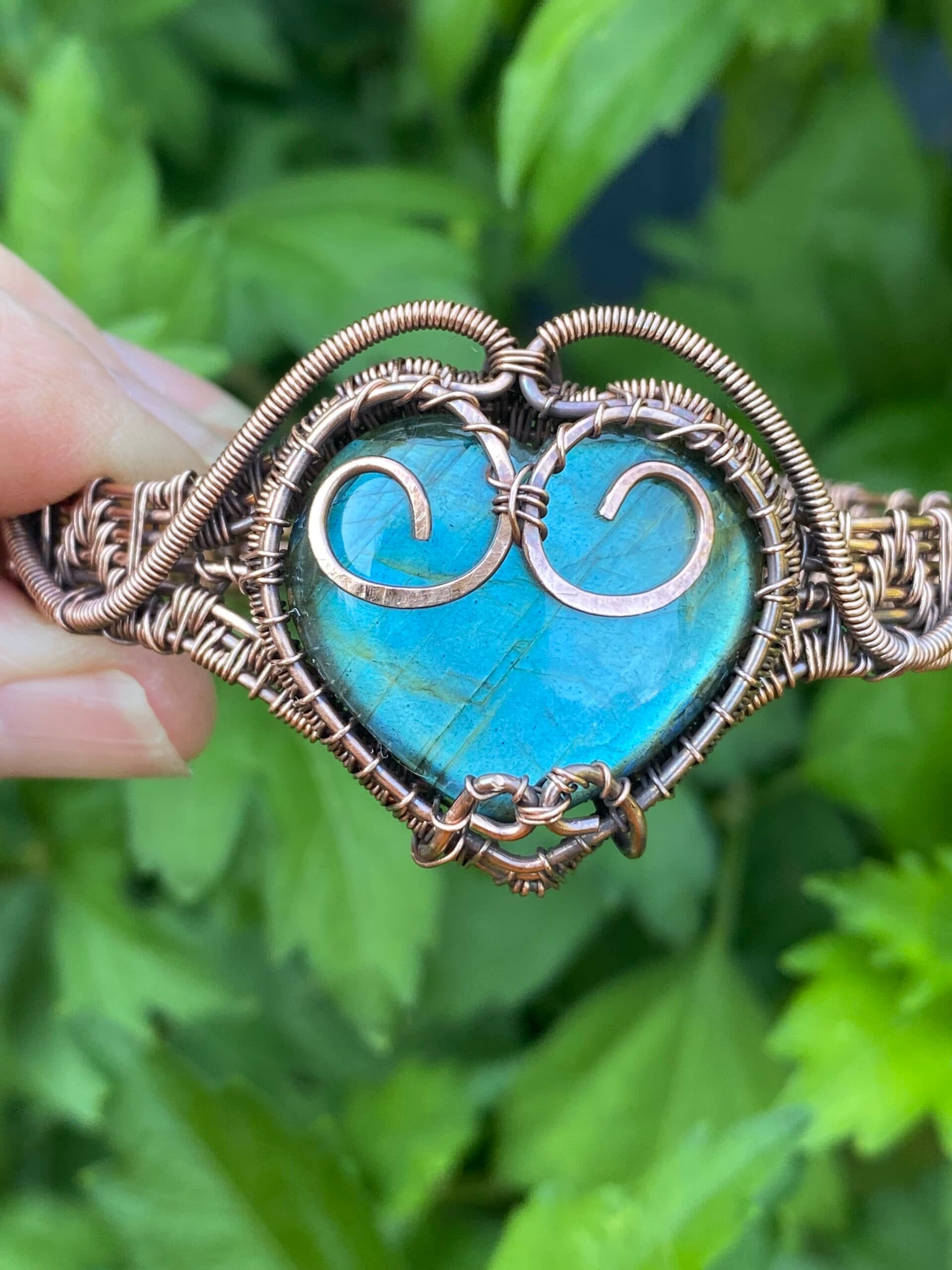 Heart Shaped Blue Flash Labradorite Copper Cuff Bracelet, view 12