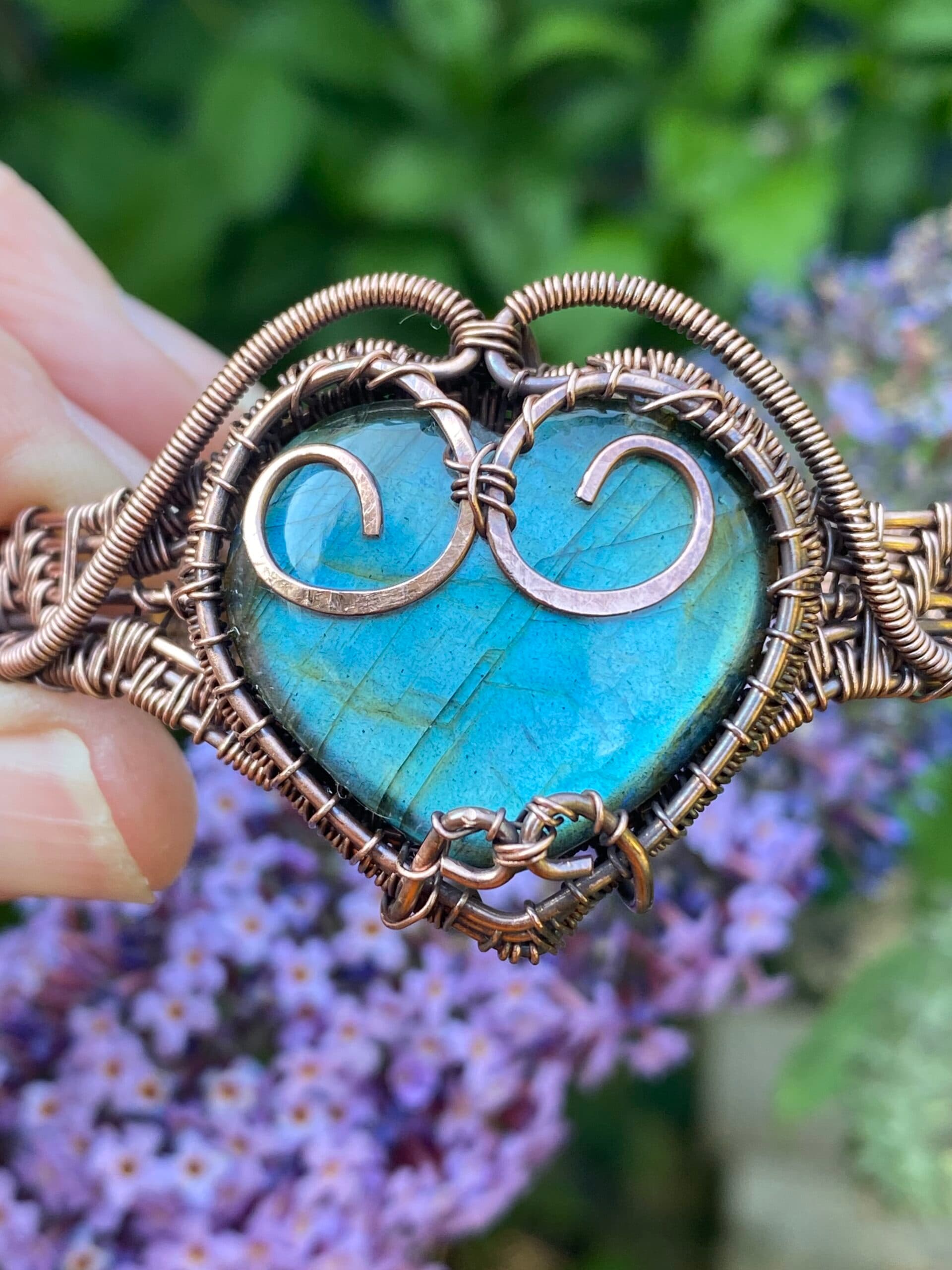 Heart Shaped Blue Flash Labradorite Copper Cuff Bracelet, view 10