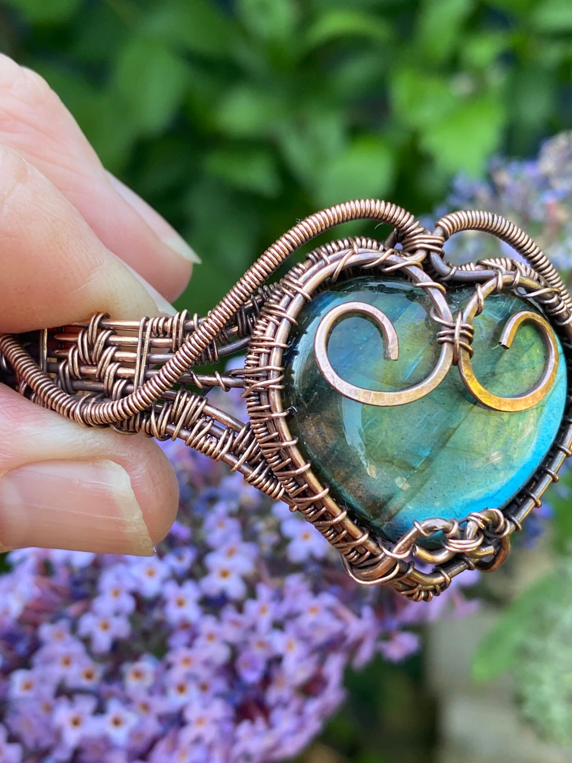 Heart Shaped Blue Flash Labradorite Copper Cuff Bracelet, view 9