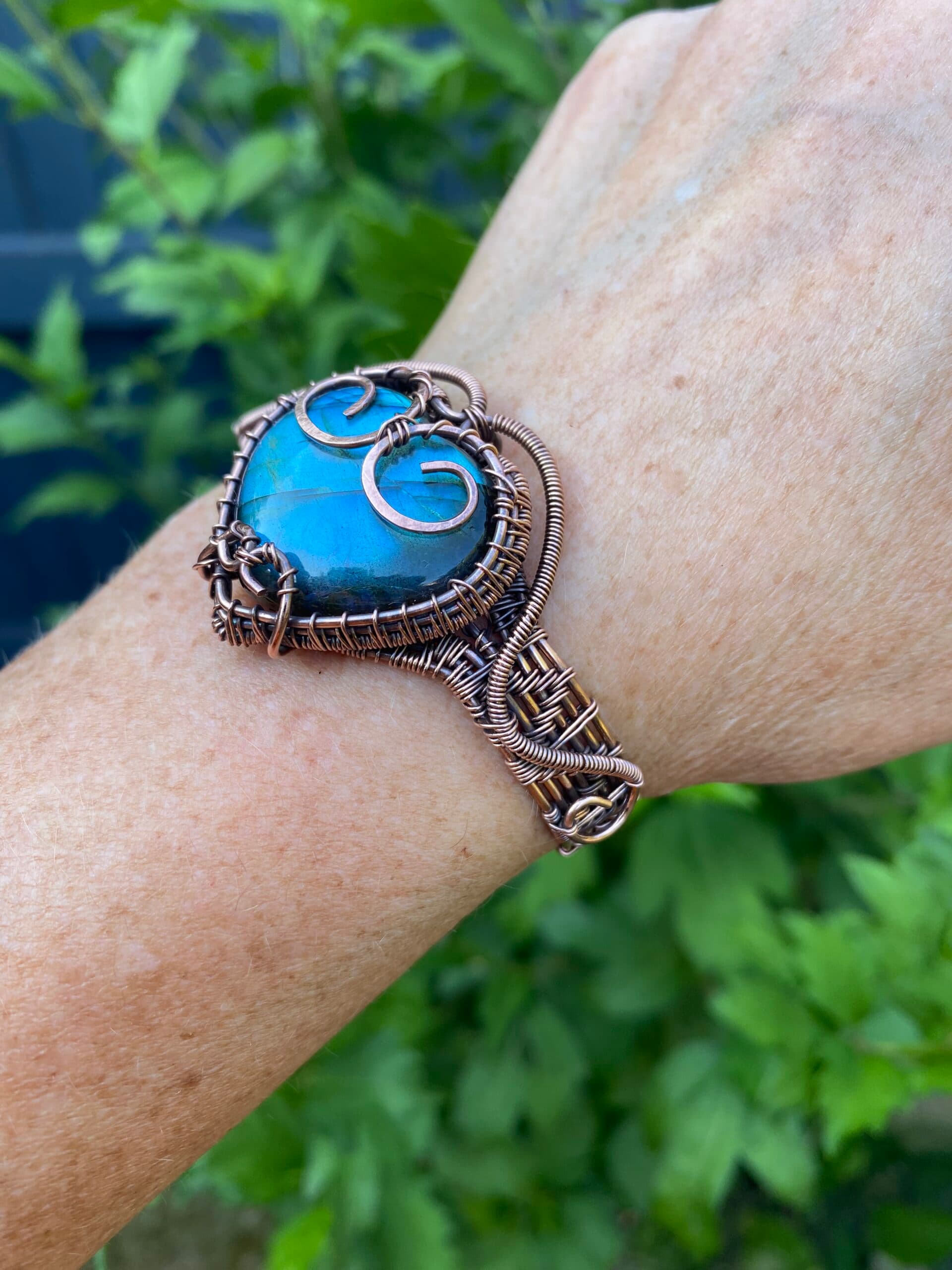 Heart Shaped Blue Flash Labradorite Copper Cuff Bracelet, view 6