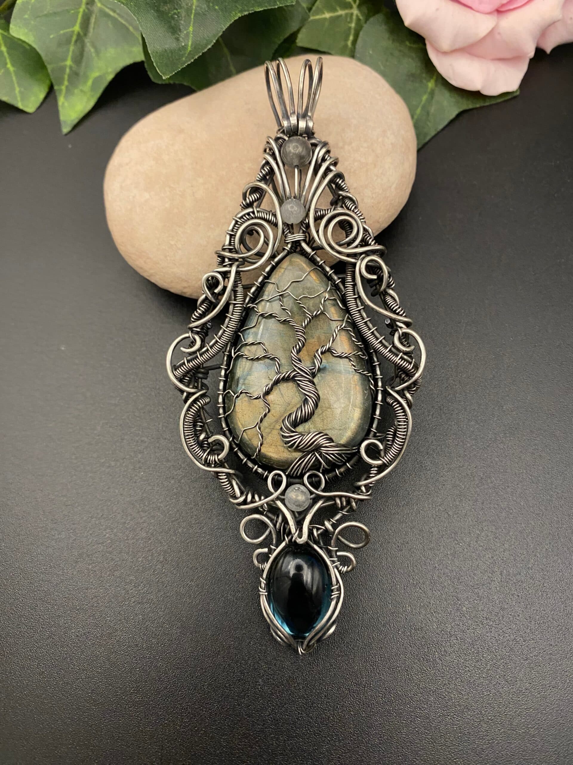 Labradorite Tree of Life Pendant | Ornate Silver Filled Wire Wrapped Jewellery, view 2