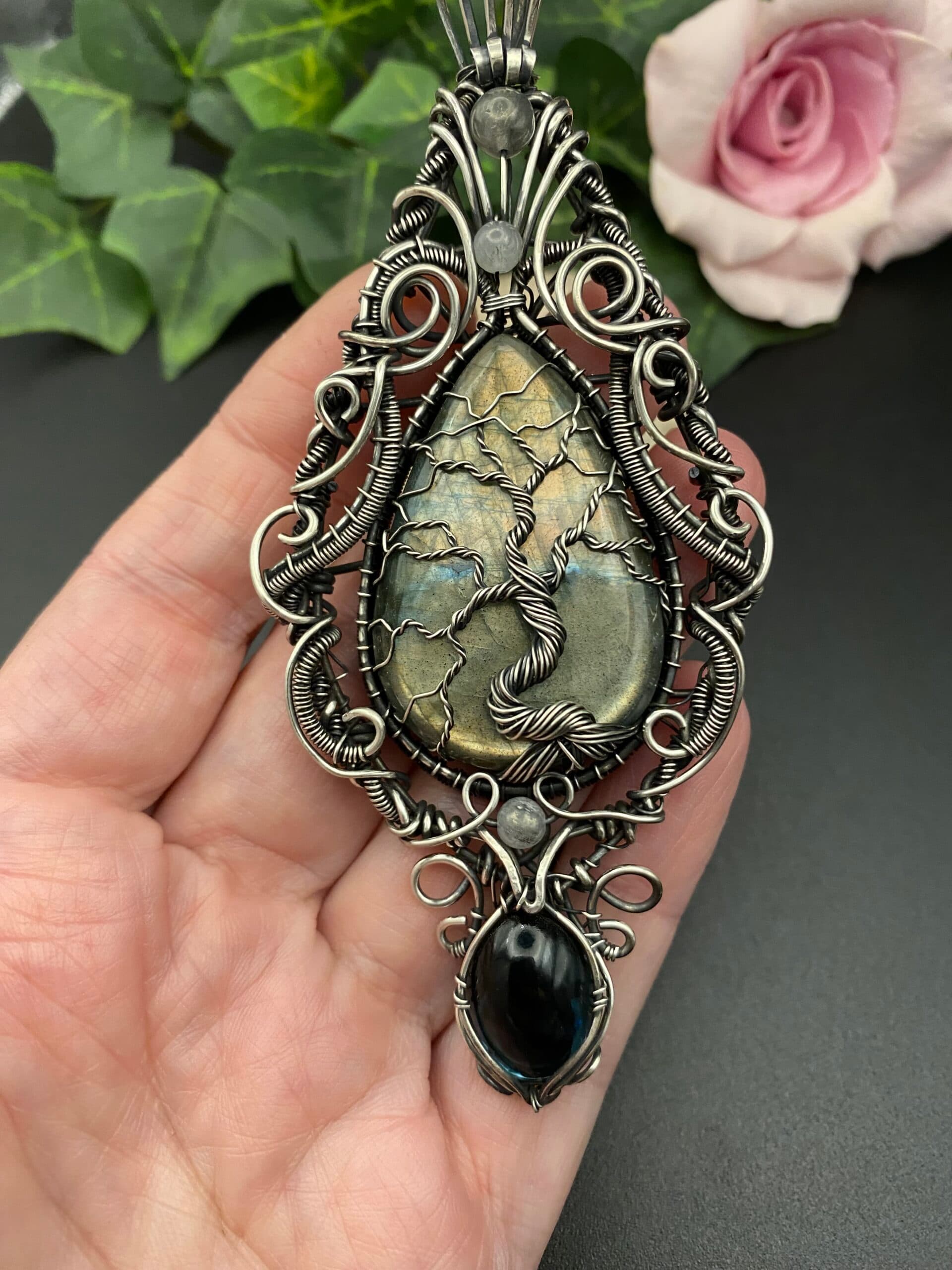 Labradorite Tree of Life Pendant | Ornate Silver Filled Wire Wrapped Jewellery, view 3