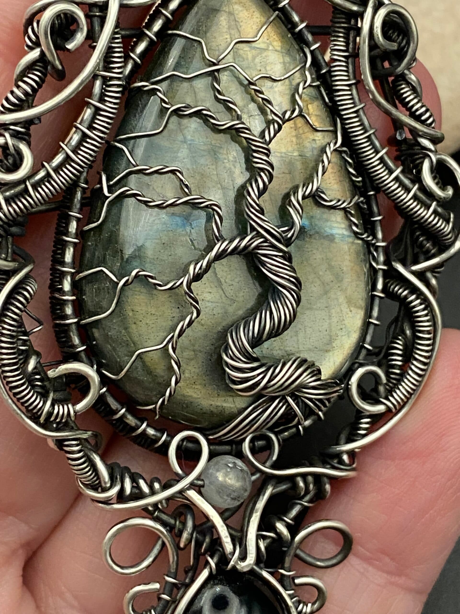 Labradorite Tree of Life Pendant | Ornate Silver Filled Wire Wrapped Jewellery, view 6