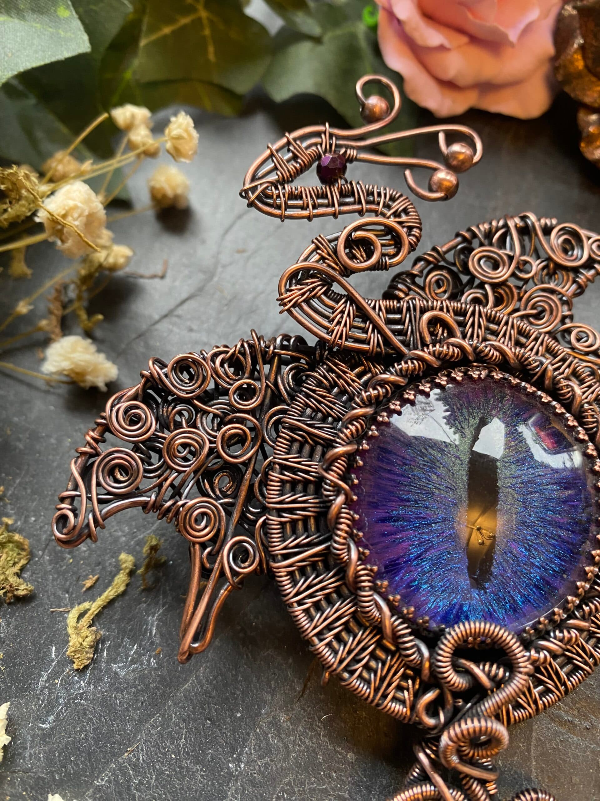 Dragon Eye Brooch | Handmade Copper Wire Wrapped Dragon Pin, view 7