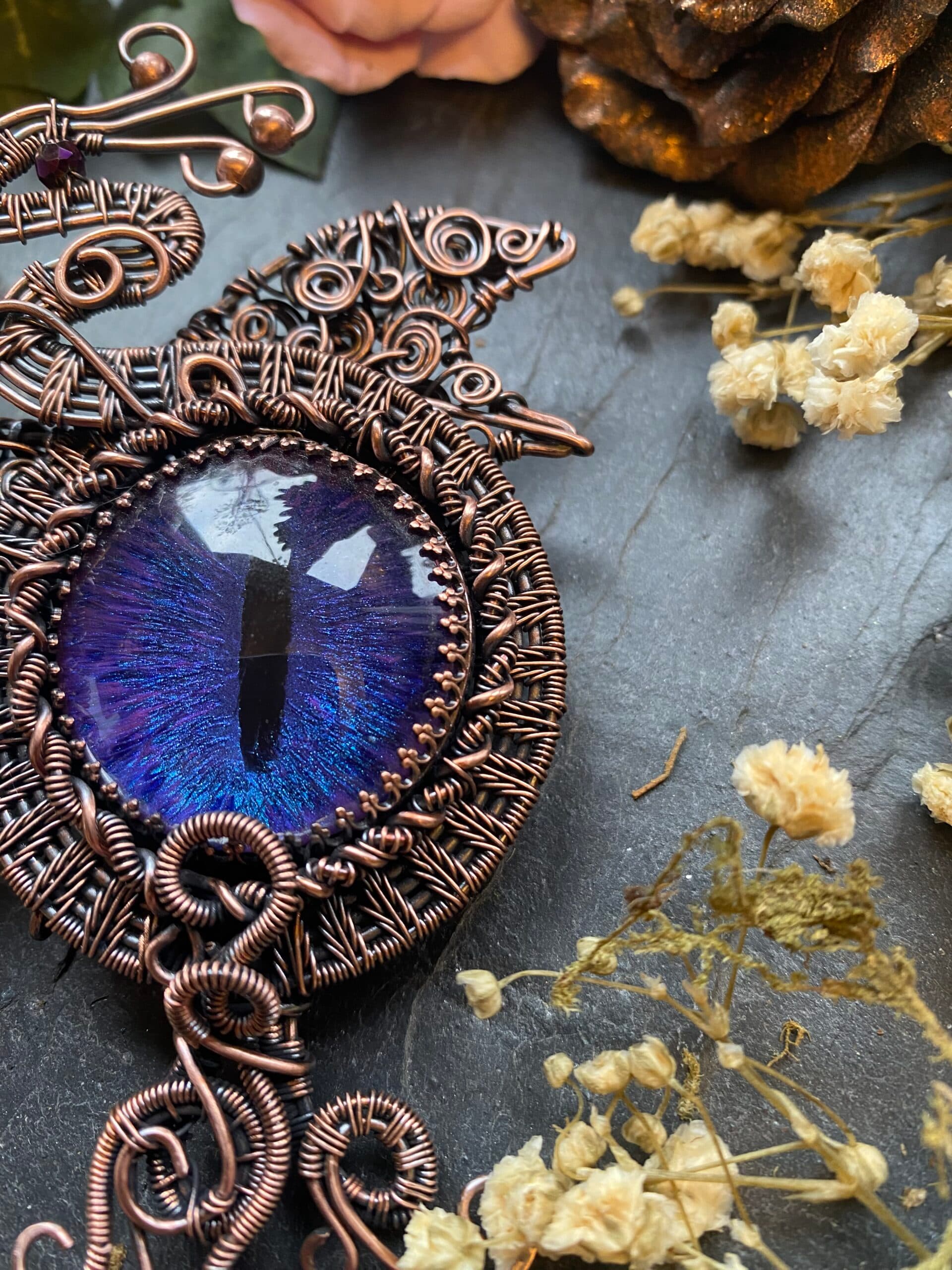 Dragon Eye Brooch | Handmade Copper Wire Wrapped Dragon Pin, view 6