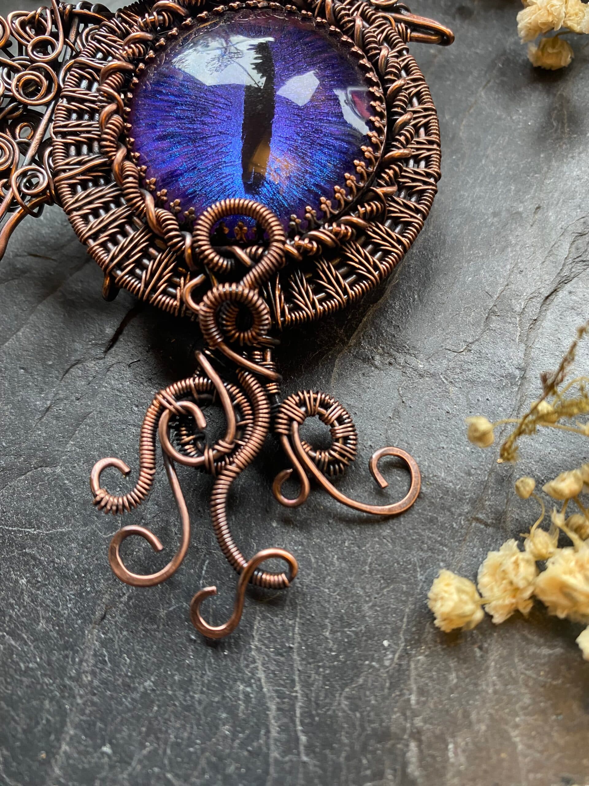Dragon Eye Brooch | Handmade Copper Wire Wrapped Dragon Pin, view 5