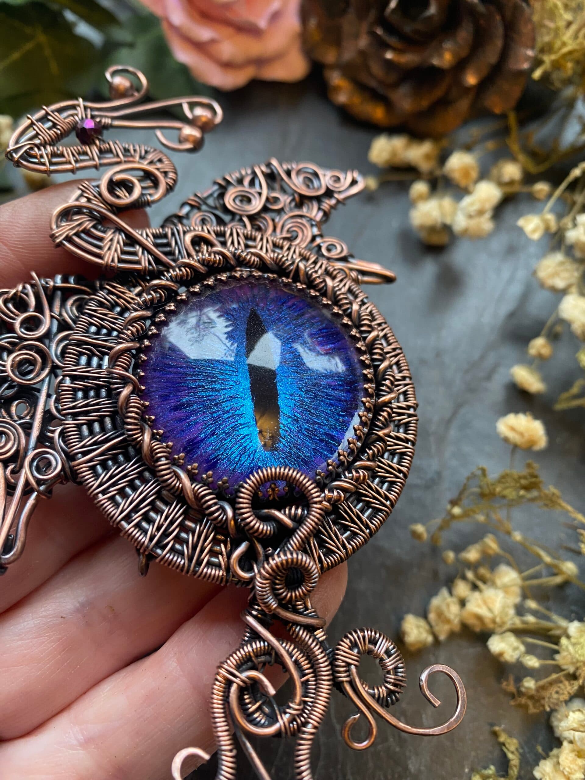 Dragon Eye Brooch | Handmade Copper Wire Wrapped Dragon Pin, view 3