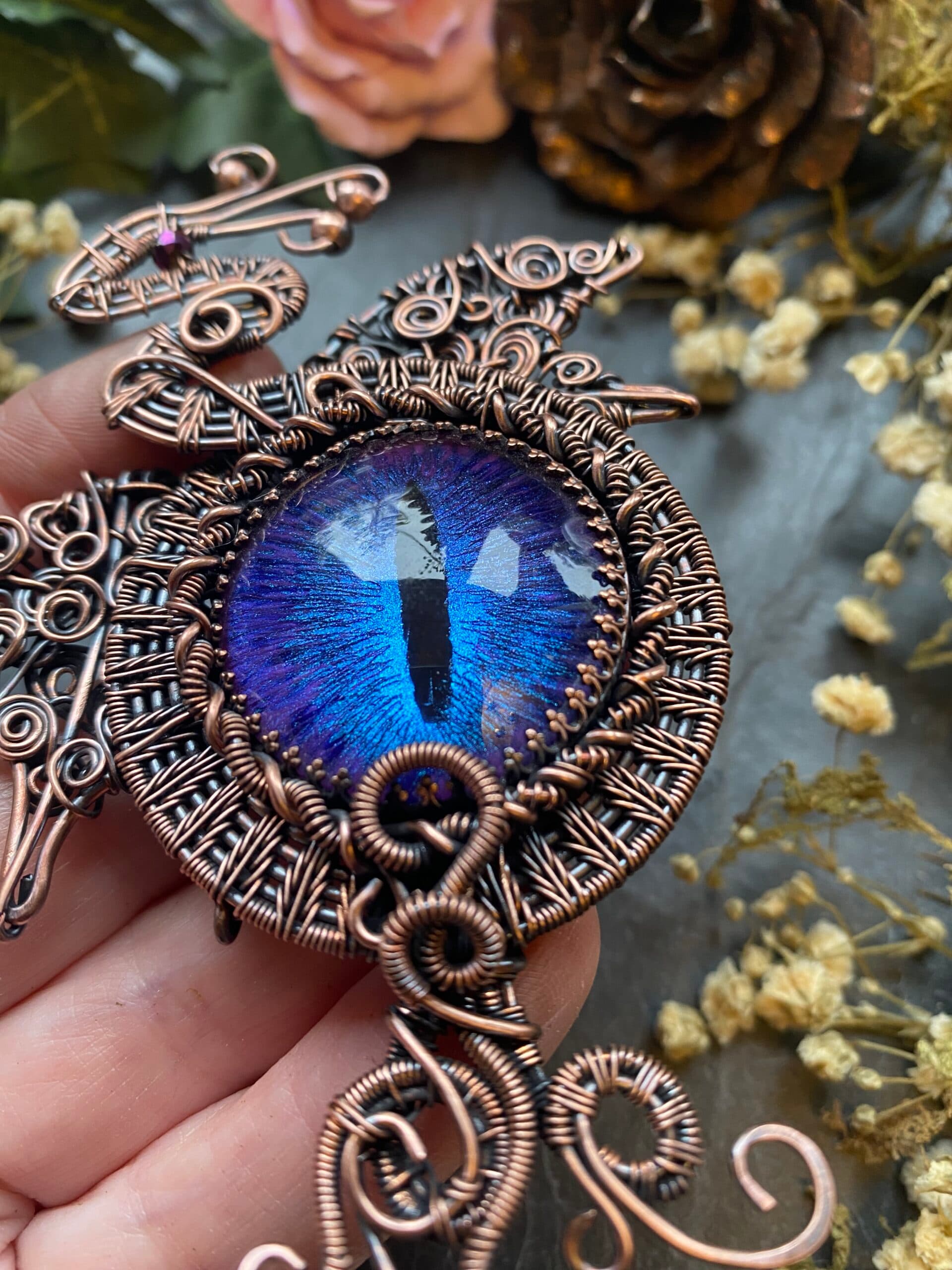 Dragon Eye Brooch | Handmade Copper Wire Wrapped Dragon Pin, view 4