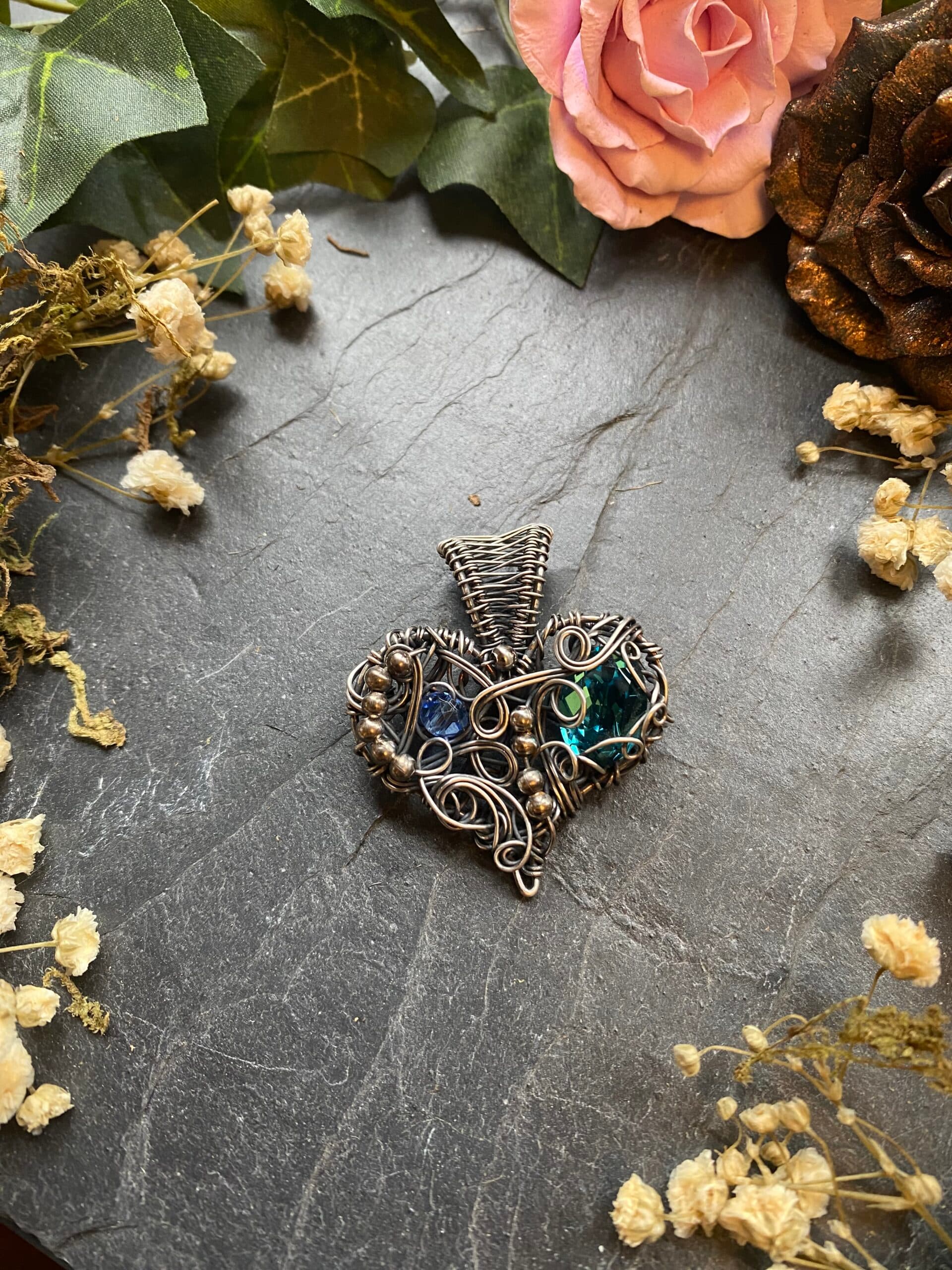 Silver Filled Wire Wrapped Chaos Heart Pendant | Vintage Preciosa Crystal, view 7