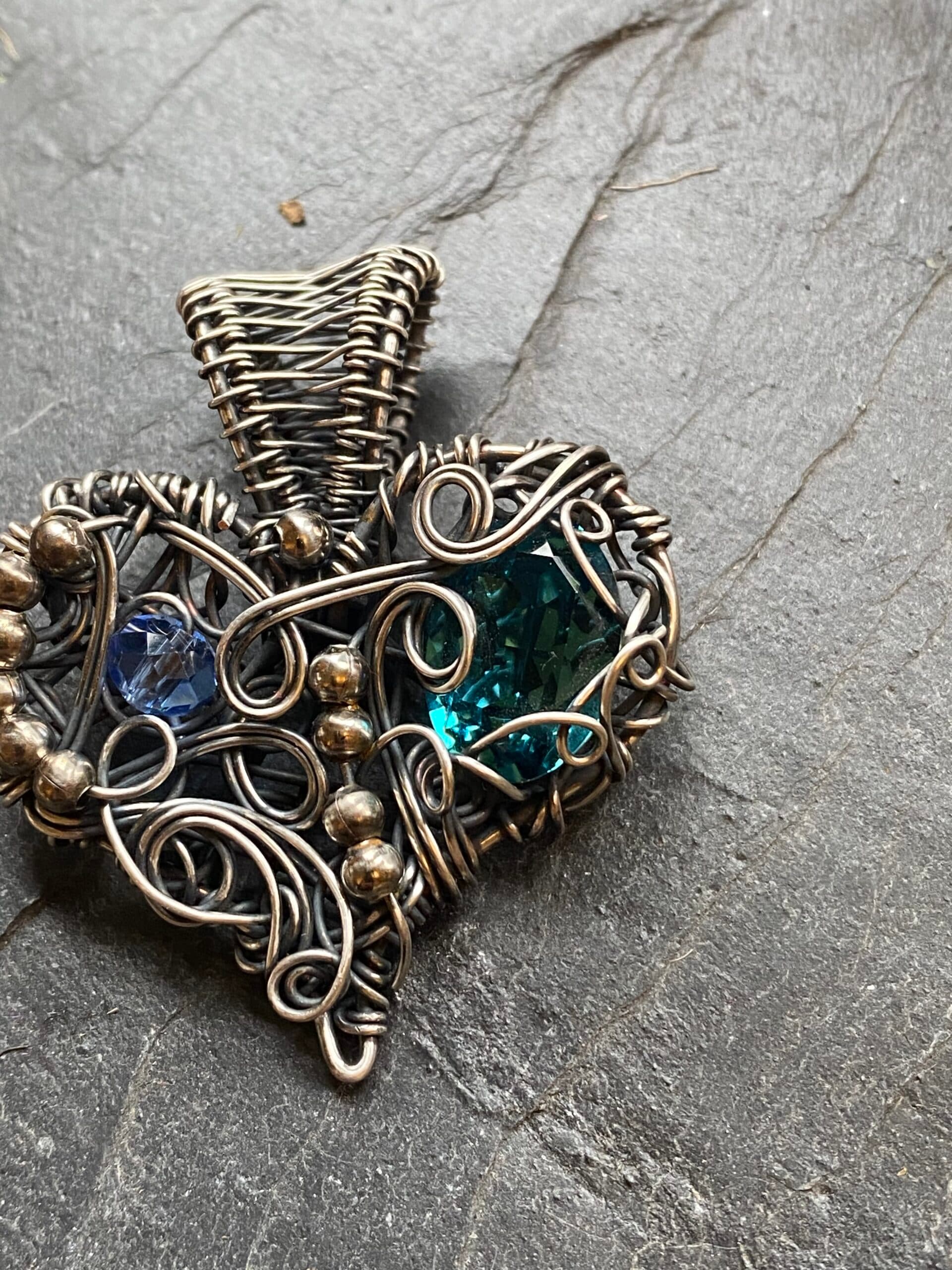 Silver Filled Wire Wrapped Chaos Heart Pendant | Vintage Preciosa Crystal, view 6