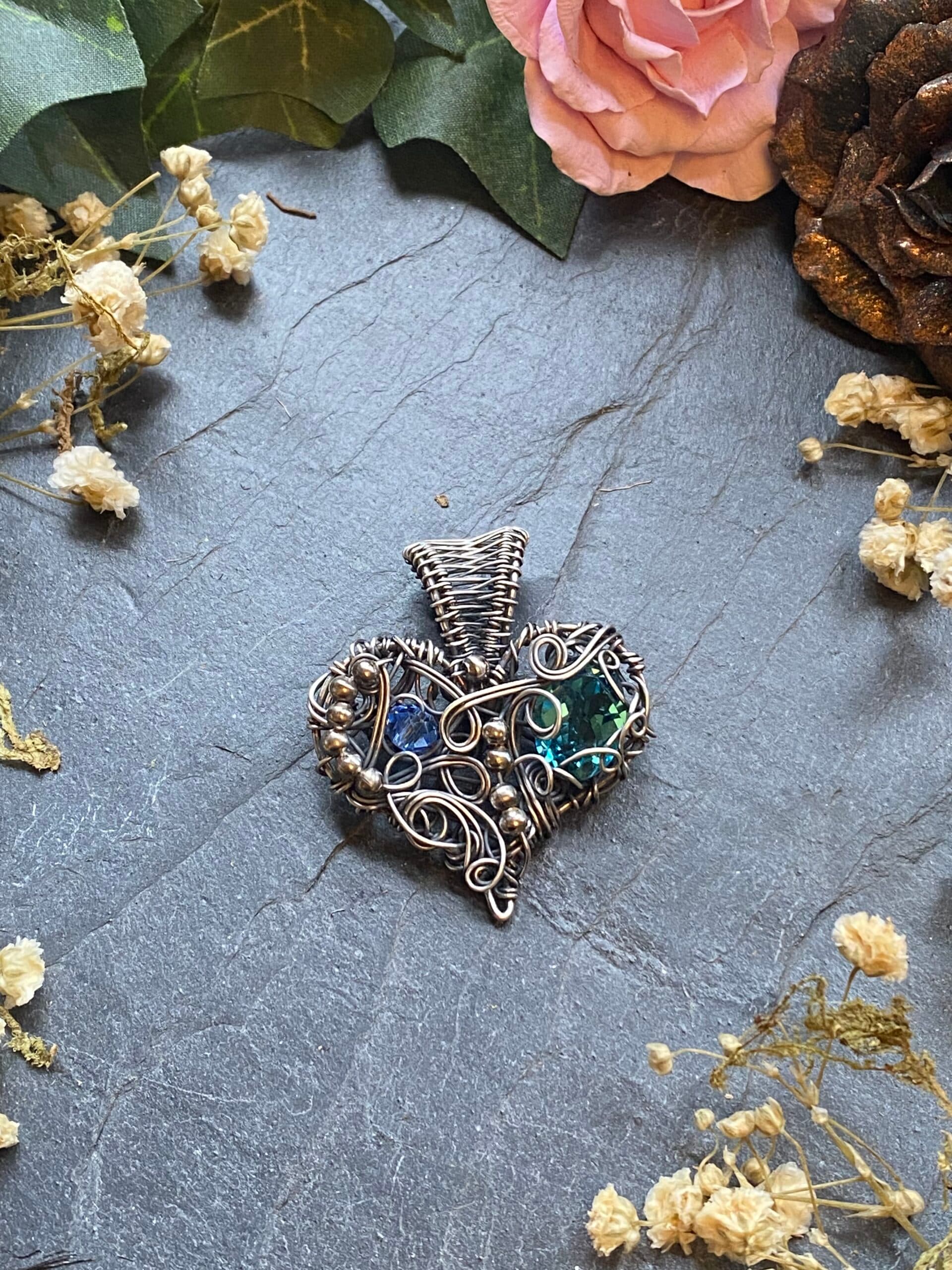 Silver Filled Wire Wrapped Chaos Heart Pendant | Vintage Preciosa Crystal, view 5