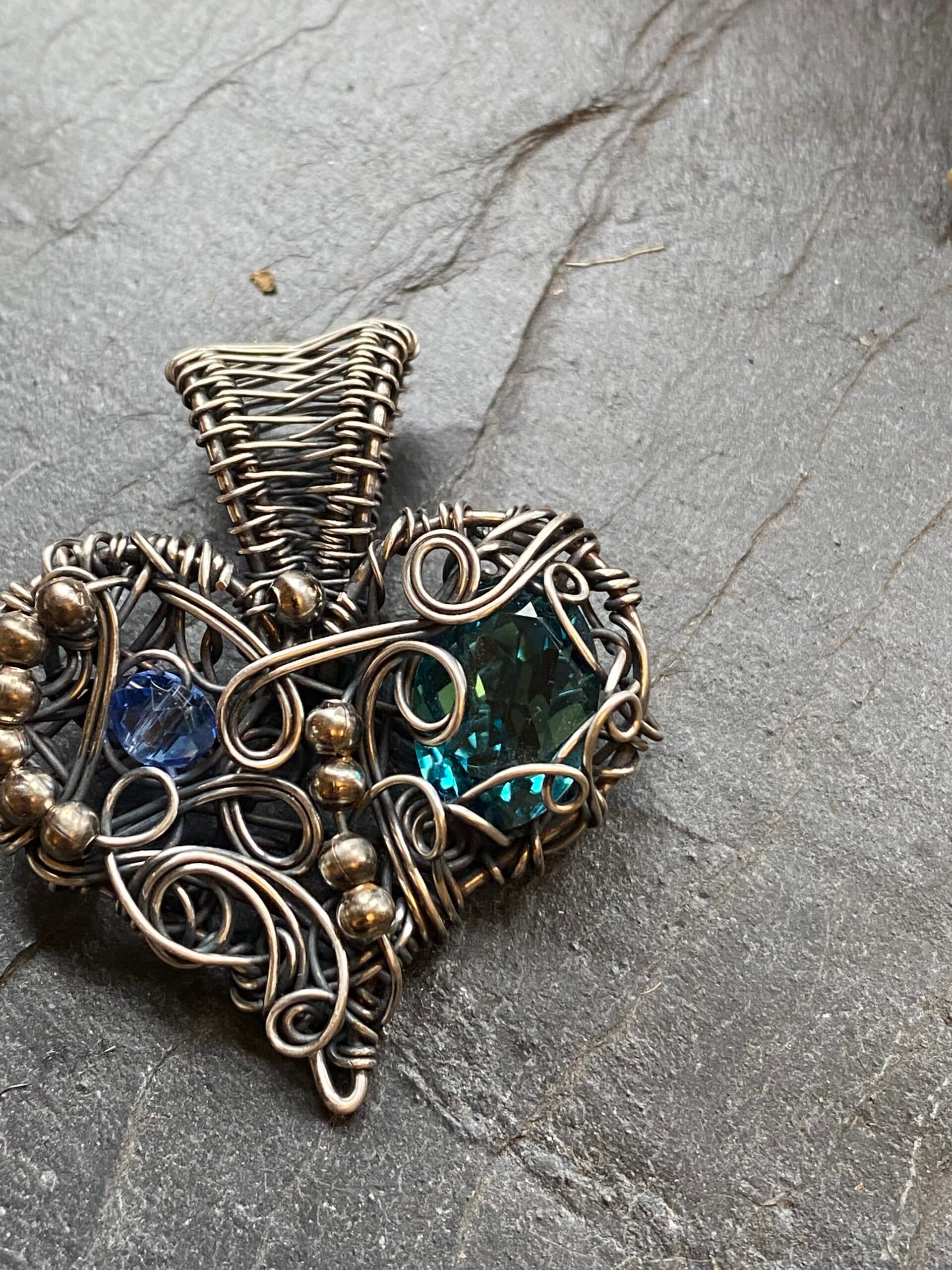 Silver Filled Wire Wrapped Chaos Heart Pendant | Vintage Preciosa Crystal, view 4
