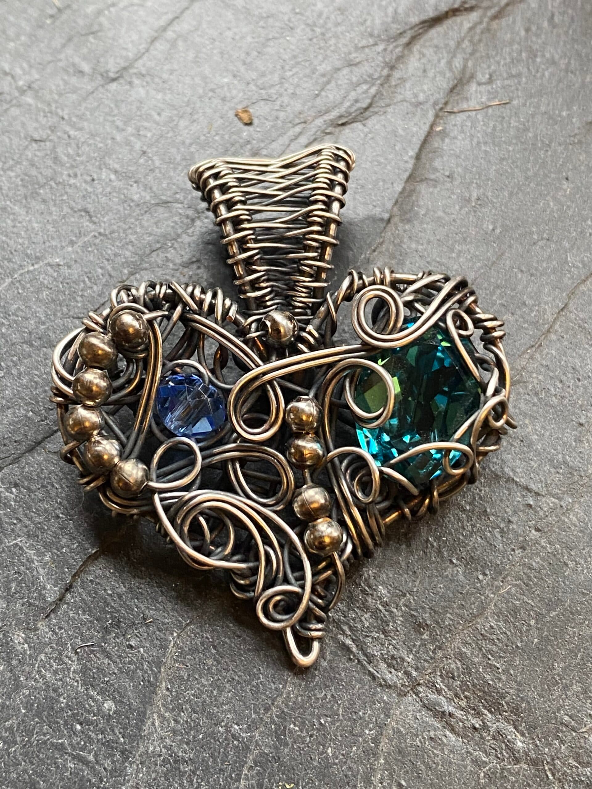 Silver Filled Wire Wrapped Chaos Heart Pendant | Vintage Preciosa Crystal, view 3