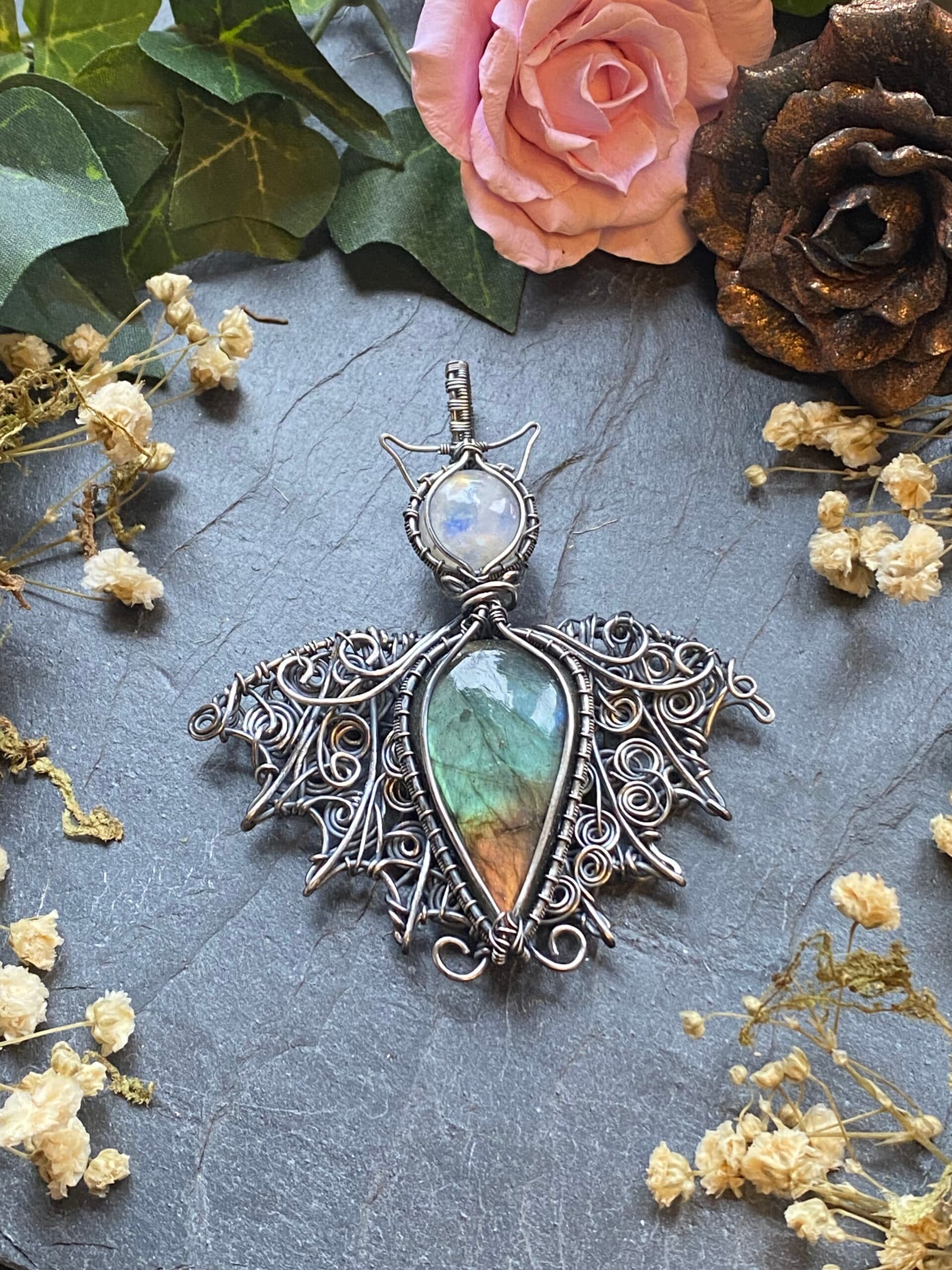 Labradorite Bat Pendant | Silver Filled Wire Wrapped Gothic Jewellery, view 2