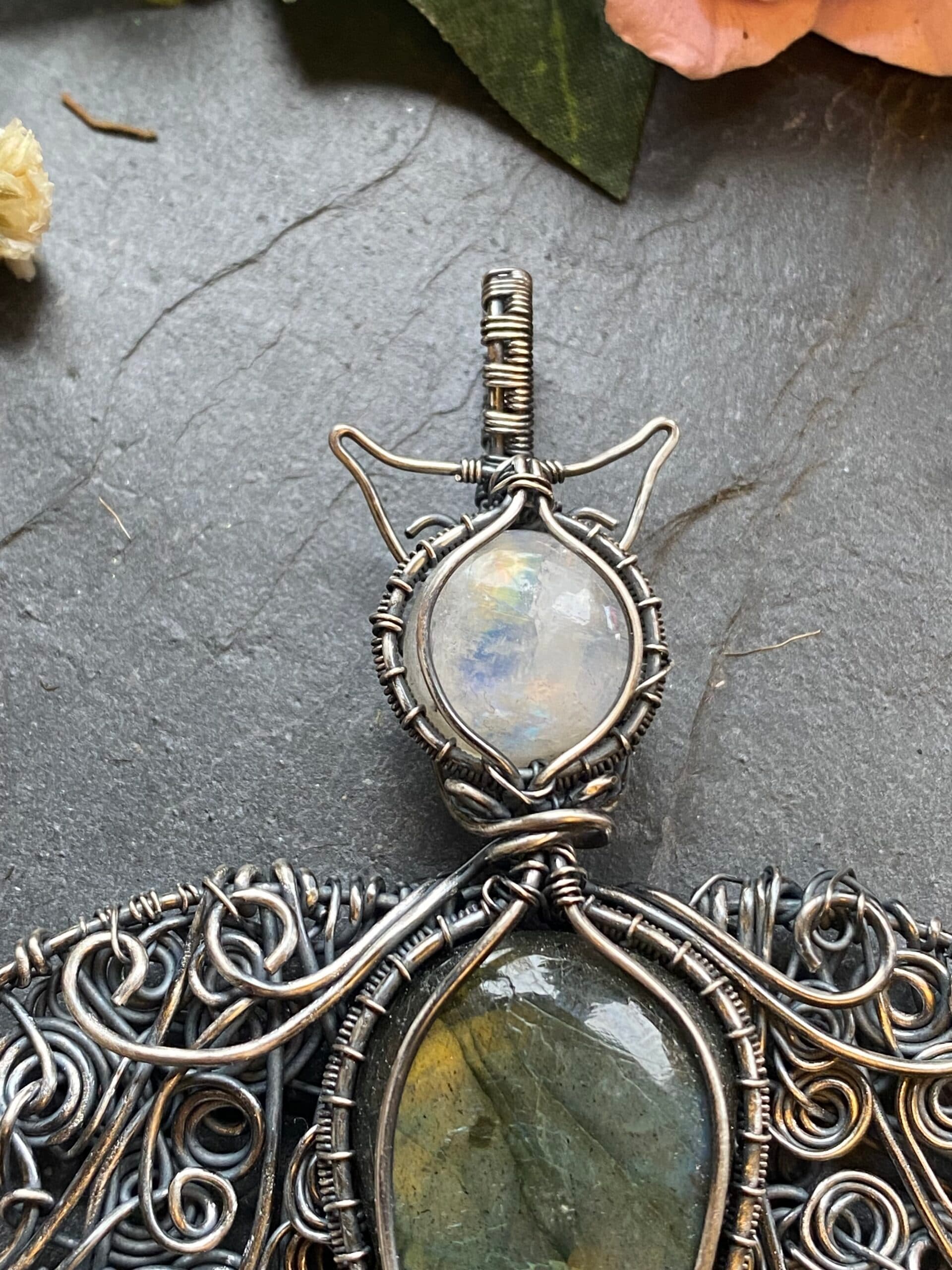 Labradorite Bat Pendant | Silver Filled Wire Wrapped Gothic Jewellery, view 4
