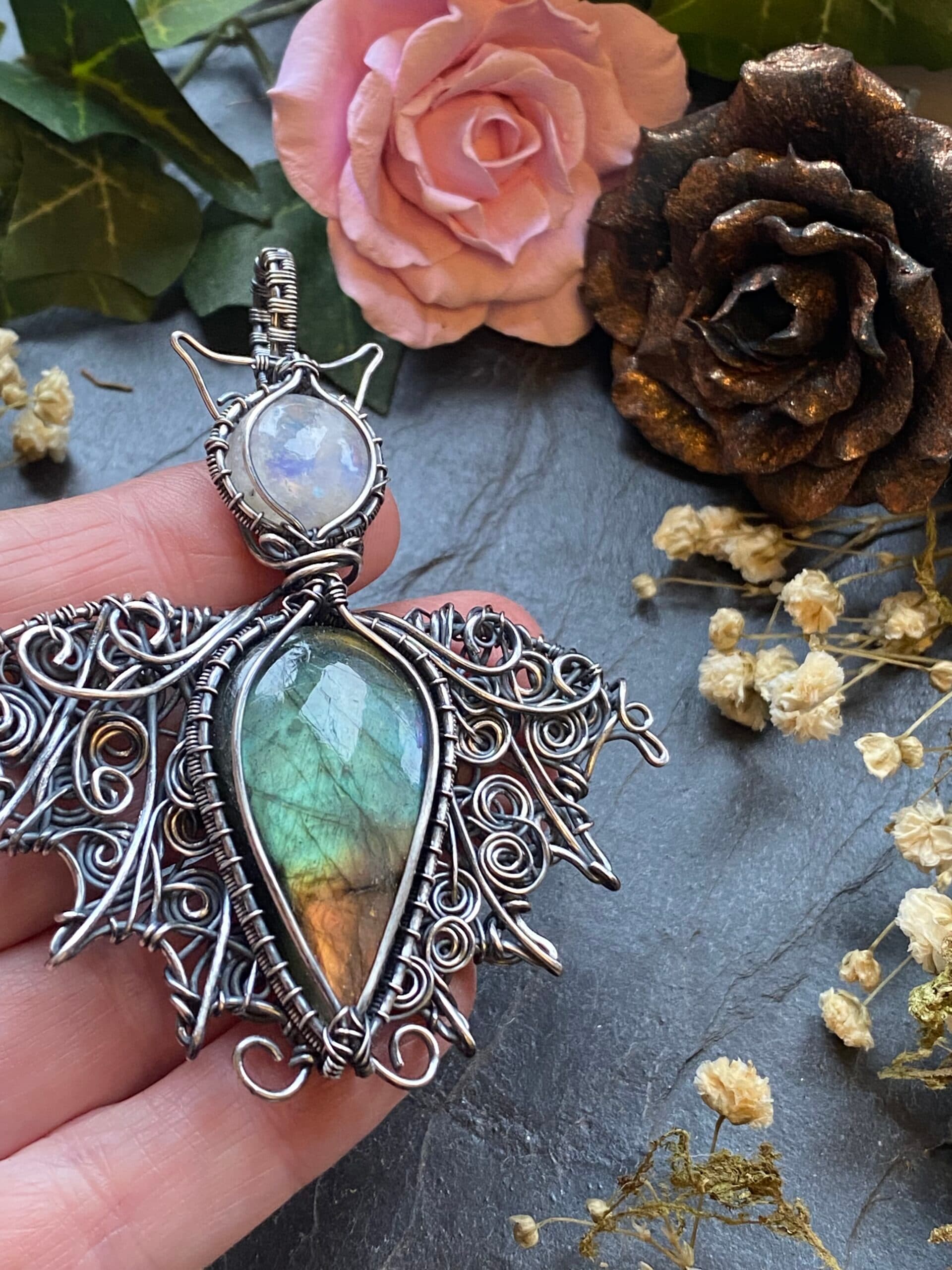 Labradorite Bat Pendant | Silver Filled Wire Wrapped Gothic Jewellery, view 5