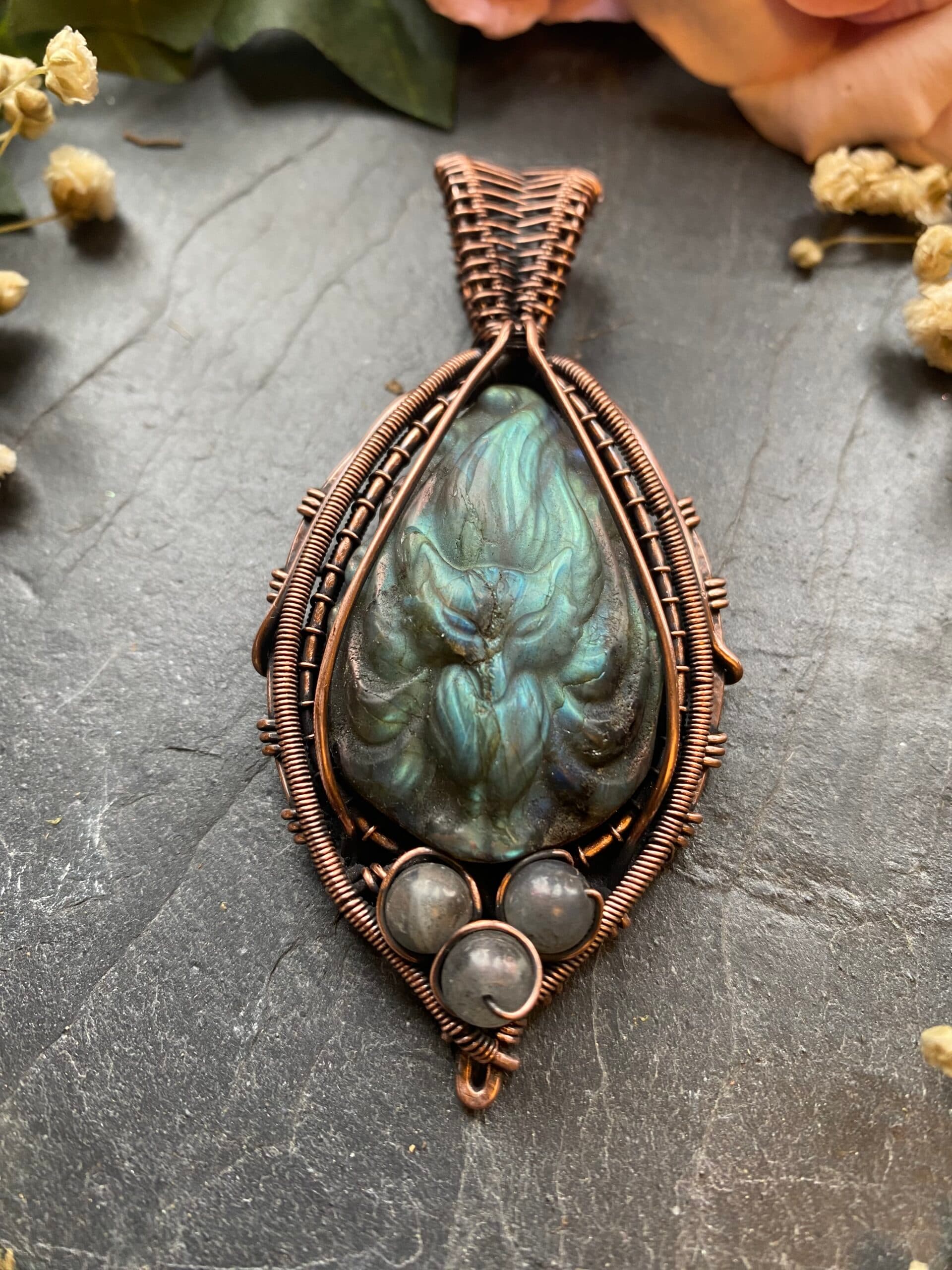 Carved Labradorite Fox Pendant – Spirit of the Kitsune, view 9