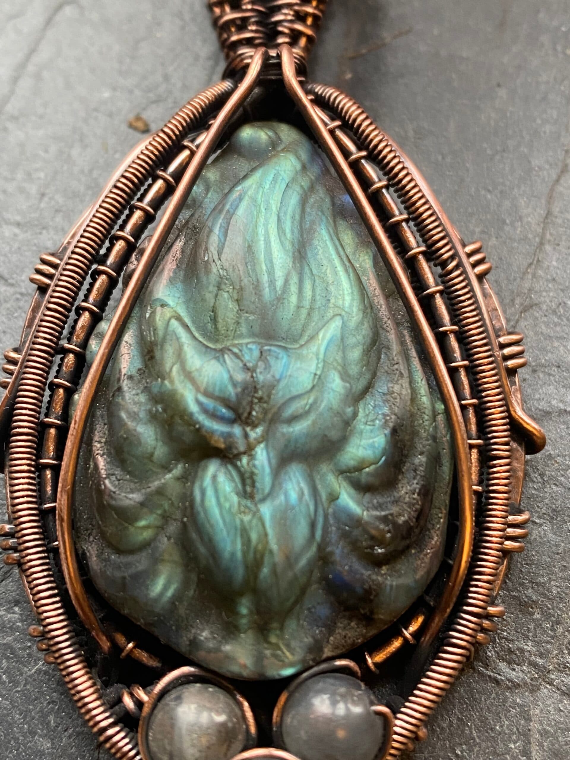 Carved Labradorite Fox Pendant – Spirit of the Kitsune, view 7