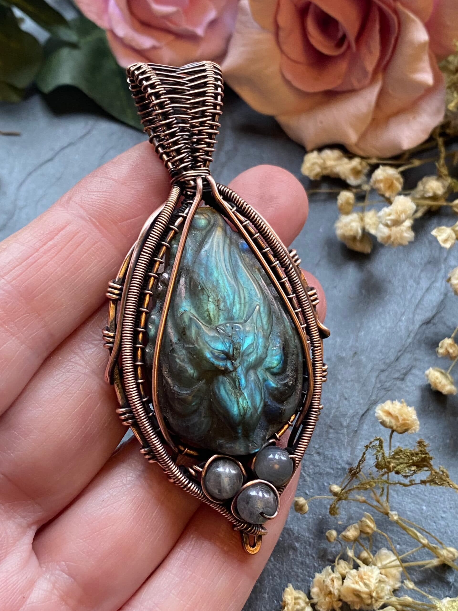 Carved Labradorite Fox Pendant – Spirit of the Kitsune, view 6