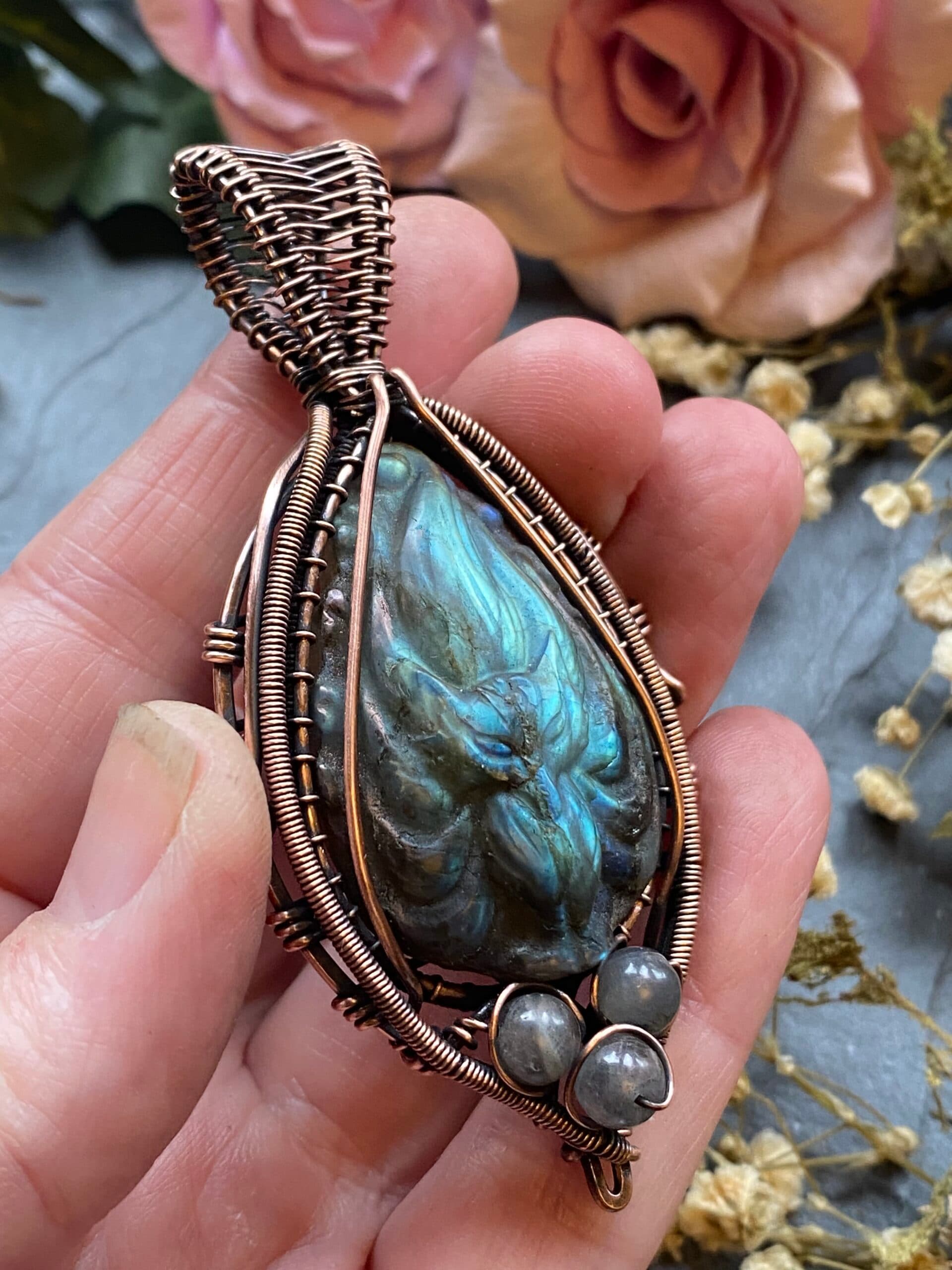 Carved Labradorite Fox Pendant – Spirit of the Kitsune, view 4
