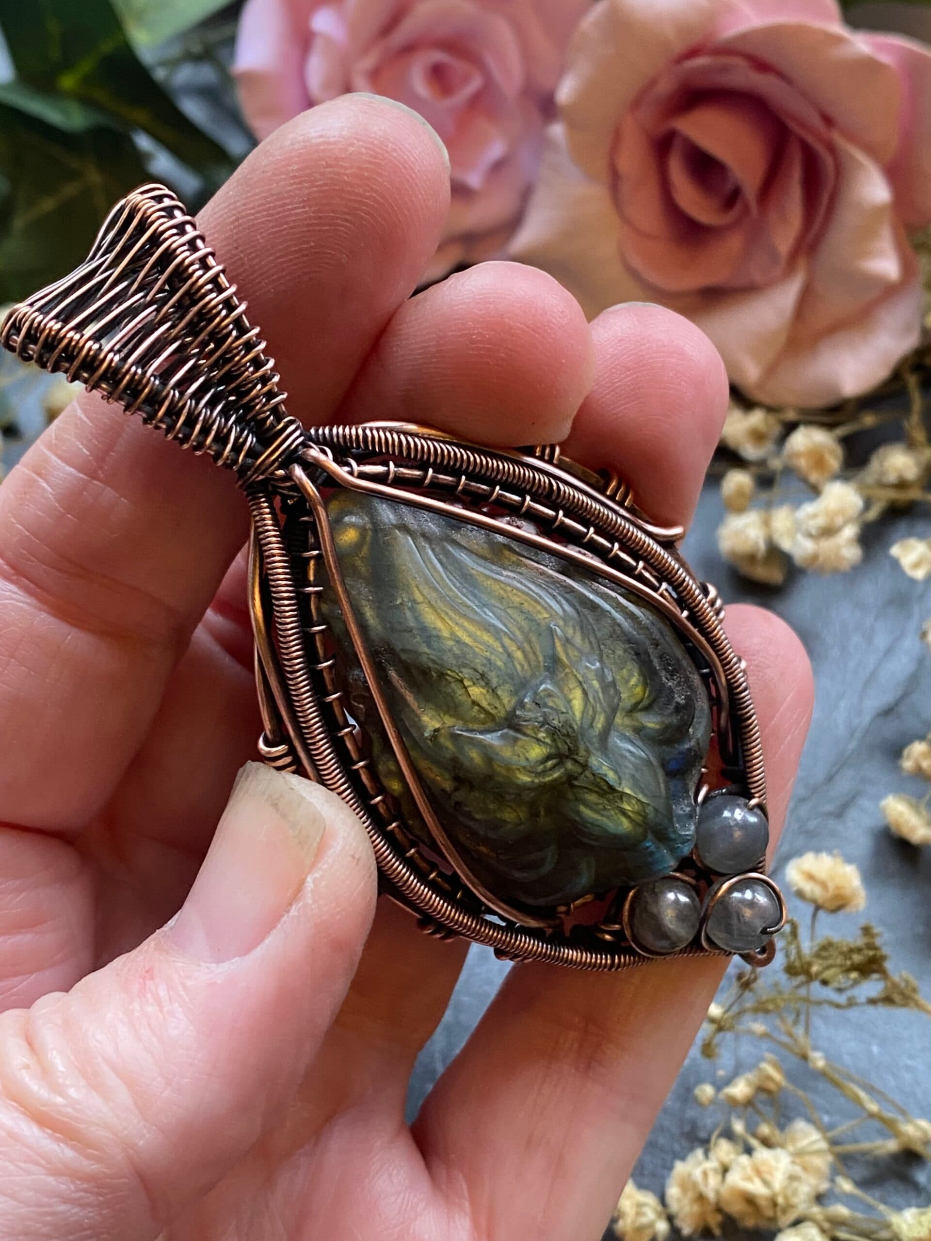 Carved Labradorite Fox Pendant – Spirit of the Kitsune, view 5
