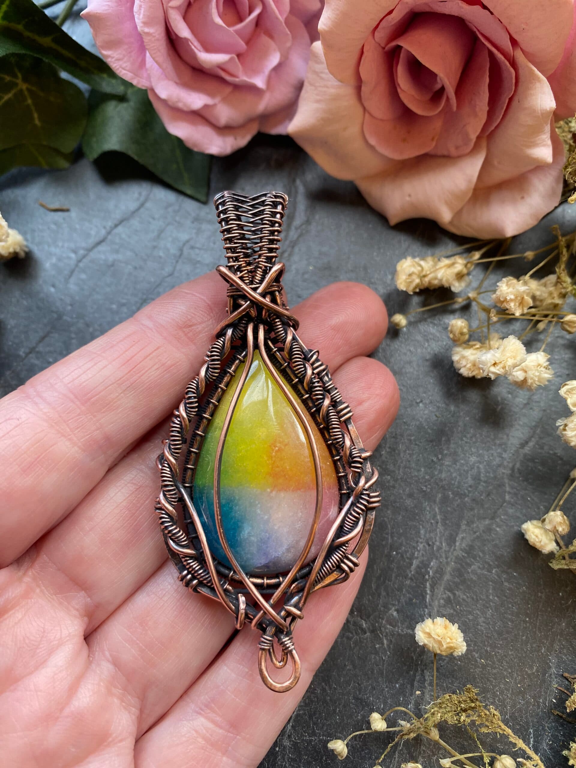 Rainbow Agate Pendant | Handmade Copper Wire Wrapped Jewellery, view 6