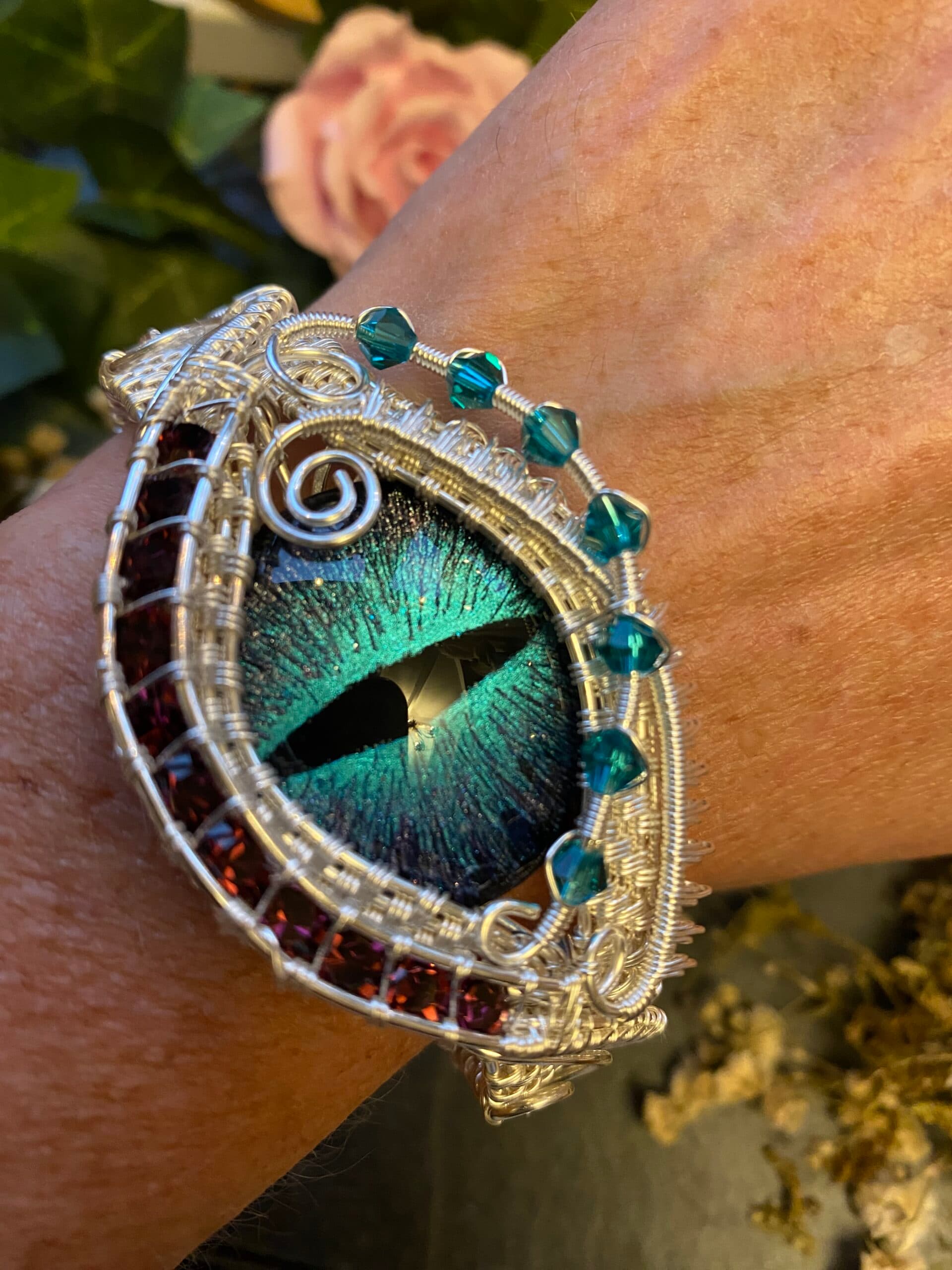 Dragon Eye Cuff Bracelet | Silver Filled Wire & Swarovski Crystals, view 2
